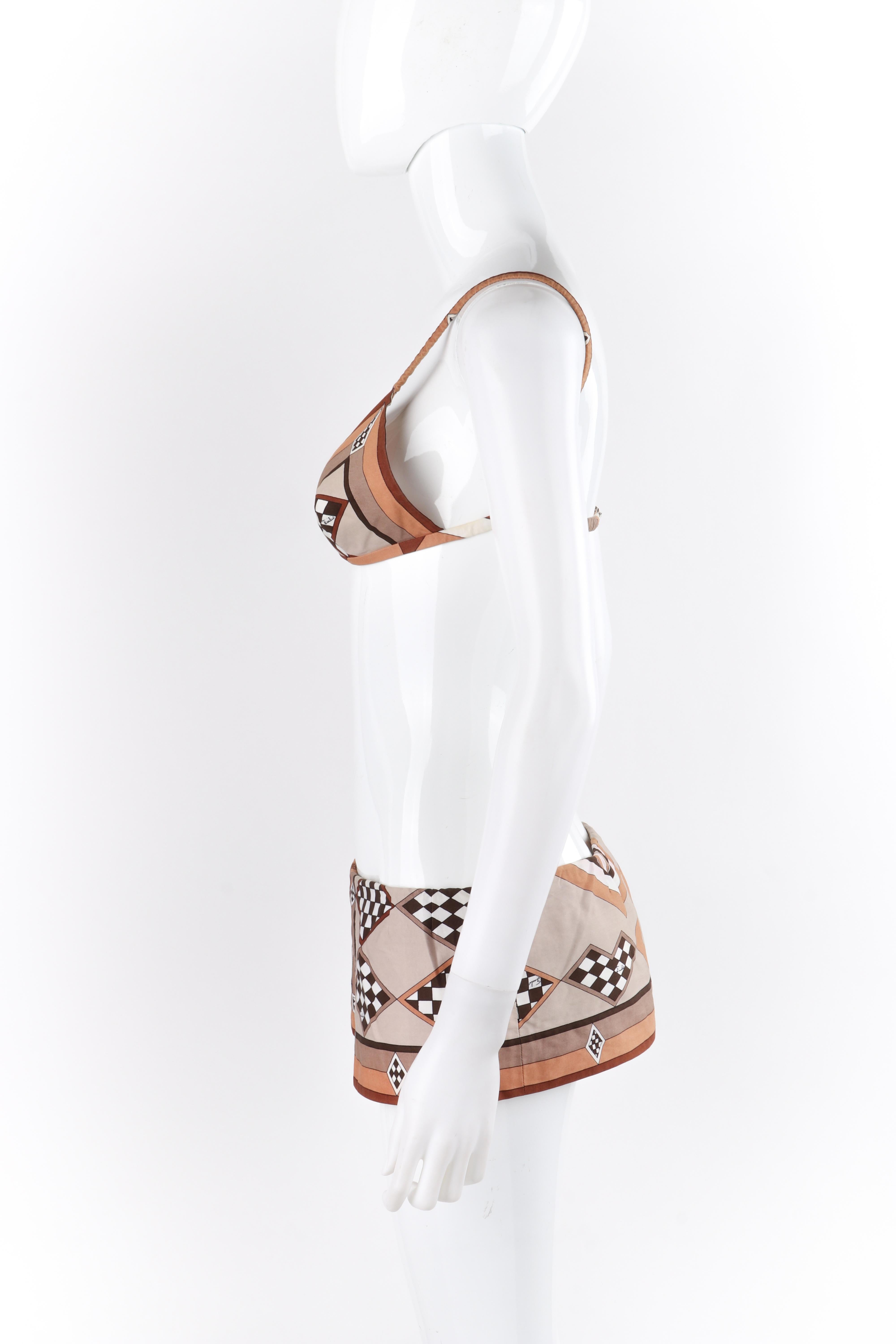 EMILIO PUCCI c.1970’s Brown White Checkered Geometric Shape 2 Pc Bikini Swimsuit In Good Condition In Thiensville, WI