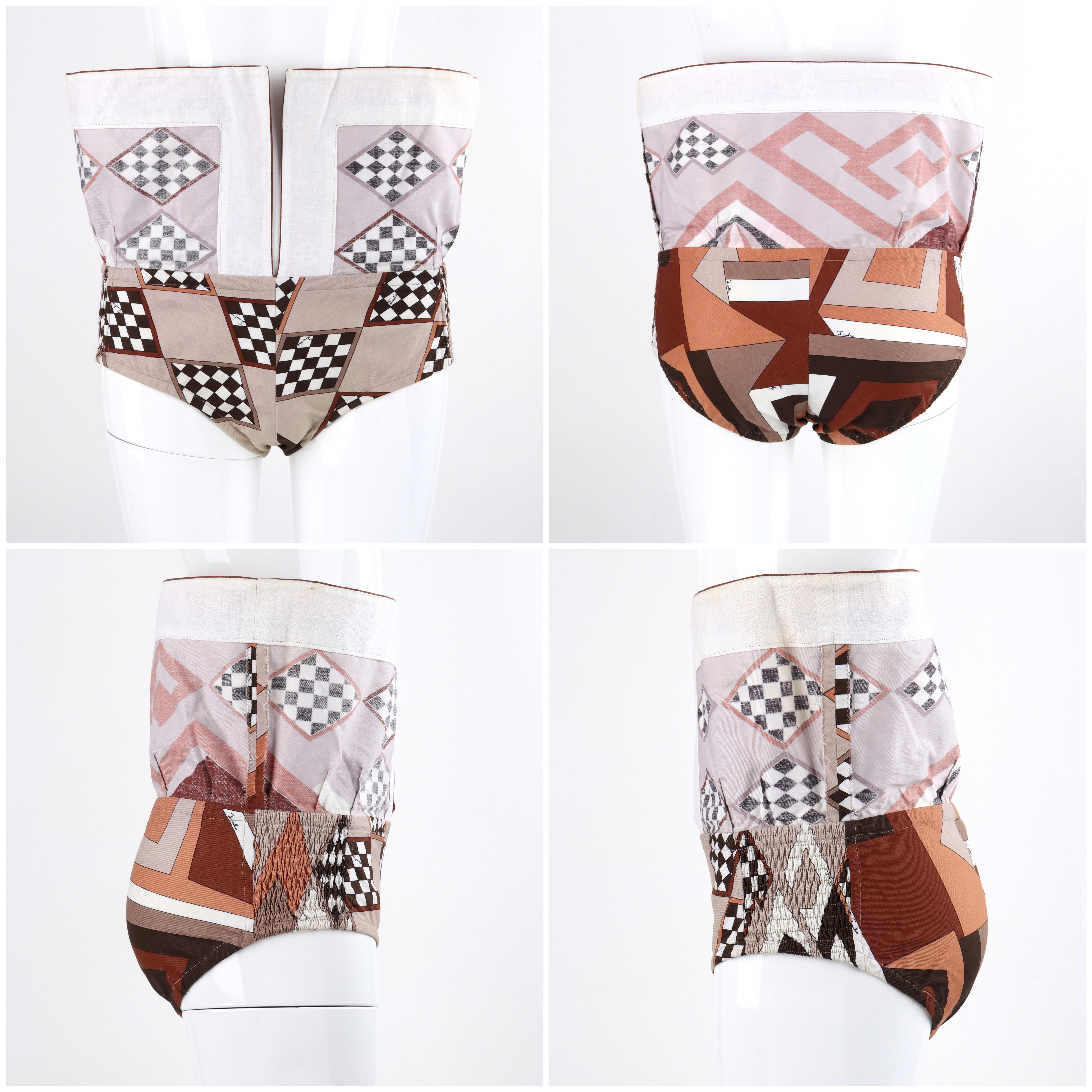 EMILIO PUCCI c.1970’s Brown White Checkered Geometric Shape 2 Pc Bikini Swimsuit 1