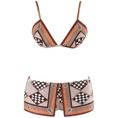 Vintage EMILIO PUCCI c.1970’s Brown White Checkered Geometric Shape 2 Pc Bikini Swimsuit
