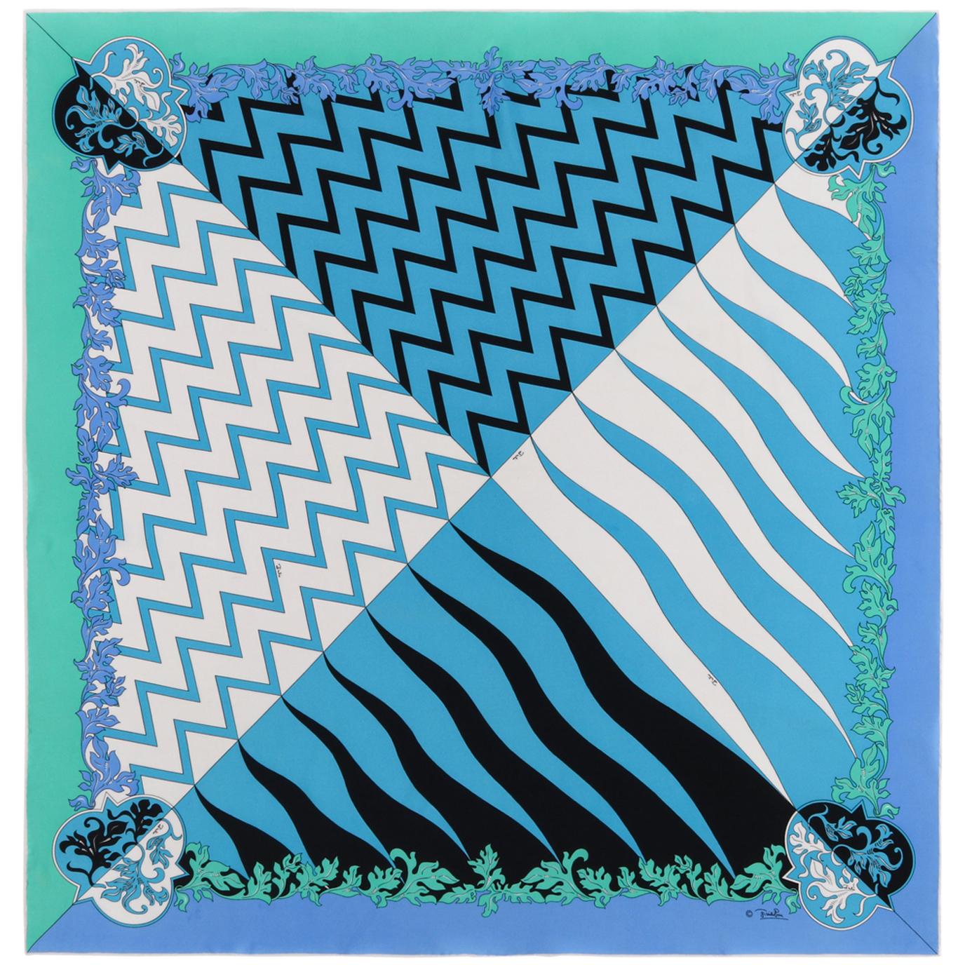 EMILIO PUCCI c.1970’s "Lupa" Signature Blue Green Geometric Print Silk Scarf