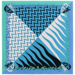 Vintage EMILIO PUCCI c.1970’s "Lupa" Signature Blue Green Geometric Print Silk Scarf