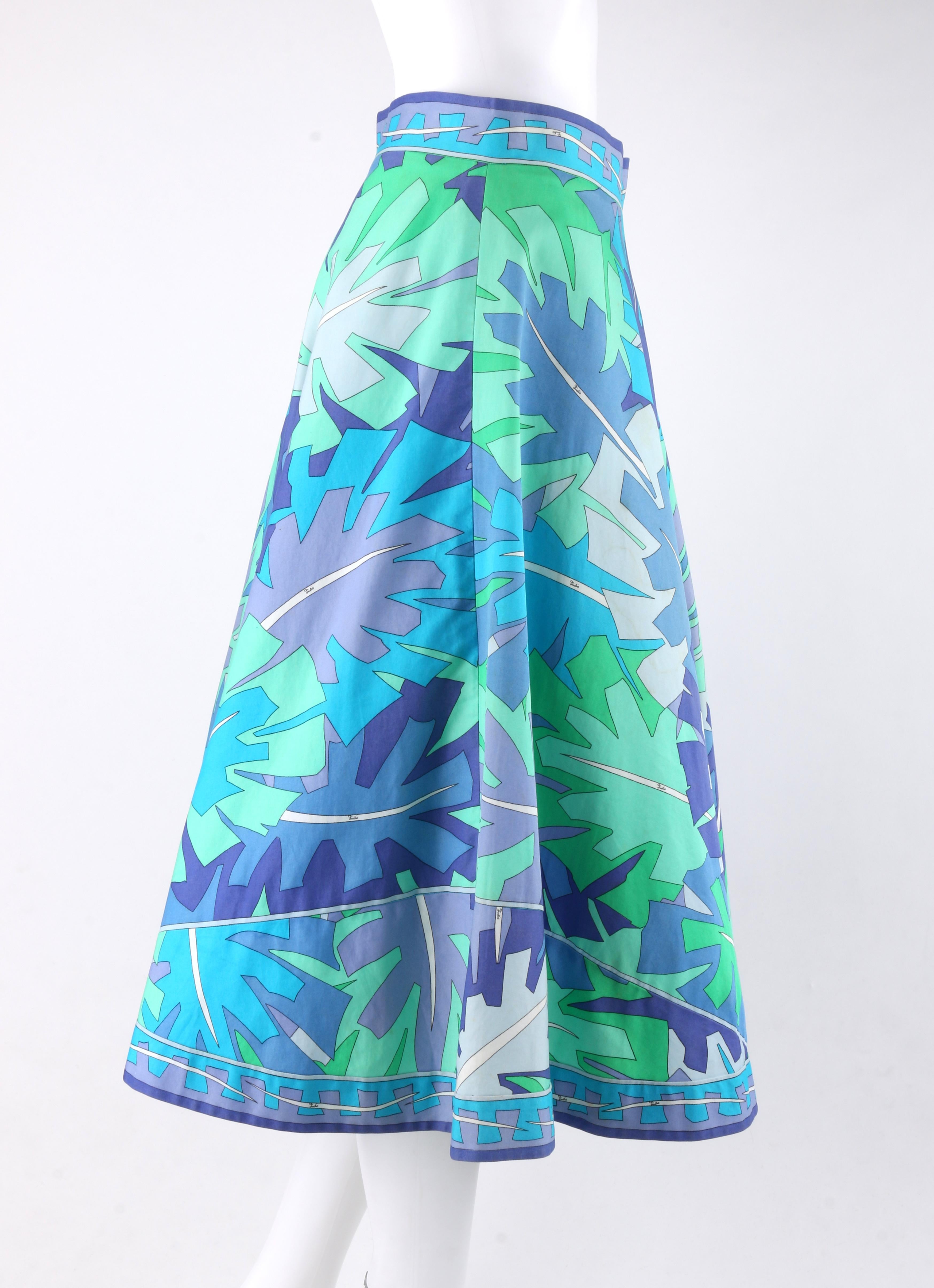 Blue EMILIO PUCCI c.1970’s Multi-color Signature Leaf Print Flared Skirt