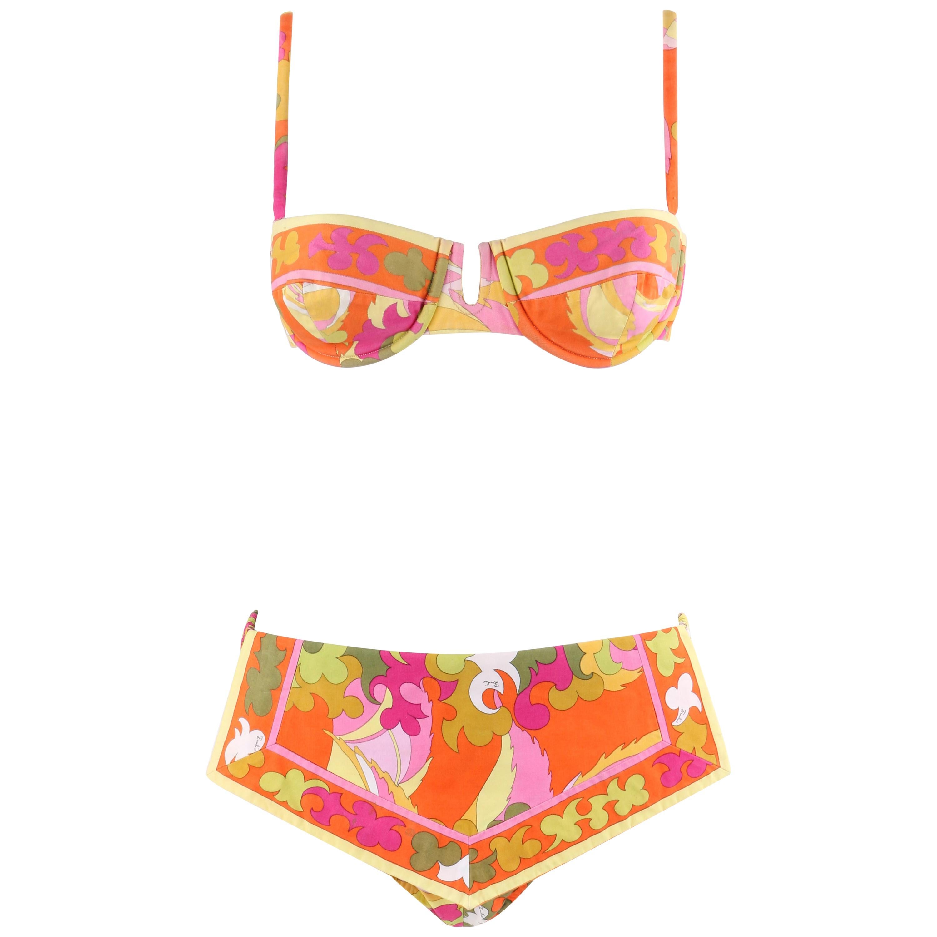EMILIO PUCCI c.1970's Multi-color Signature Print 2 Pc Bikini Swimsuit 
