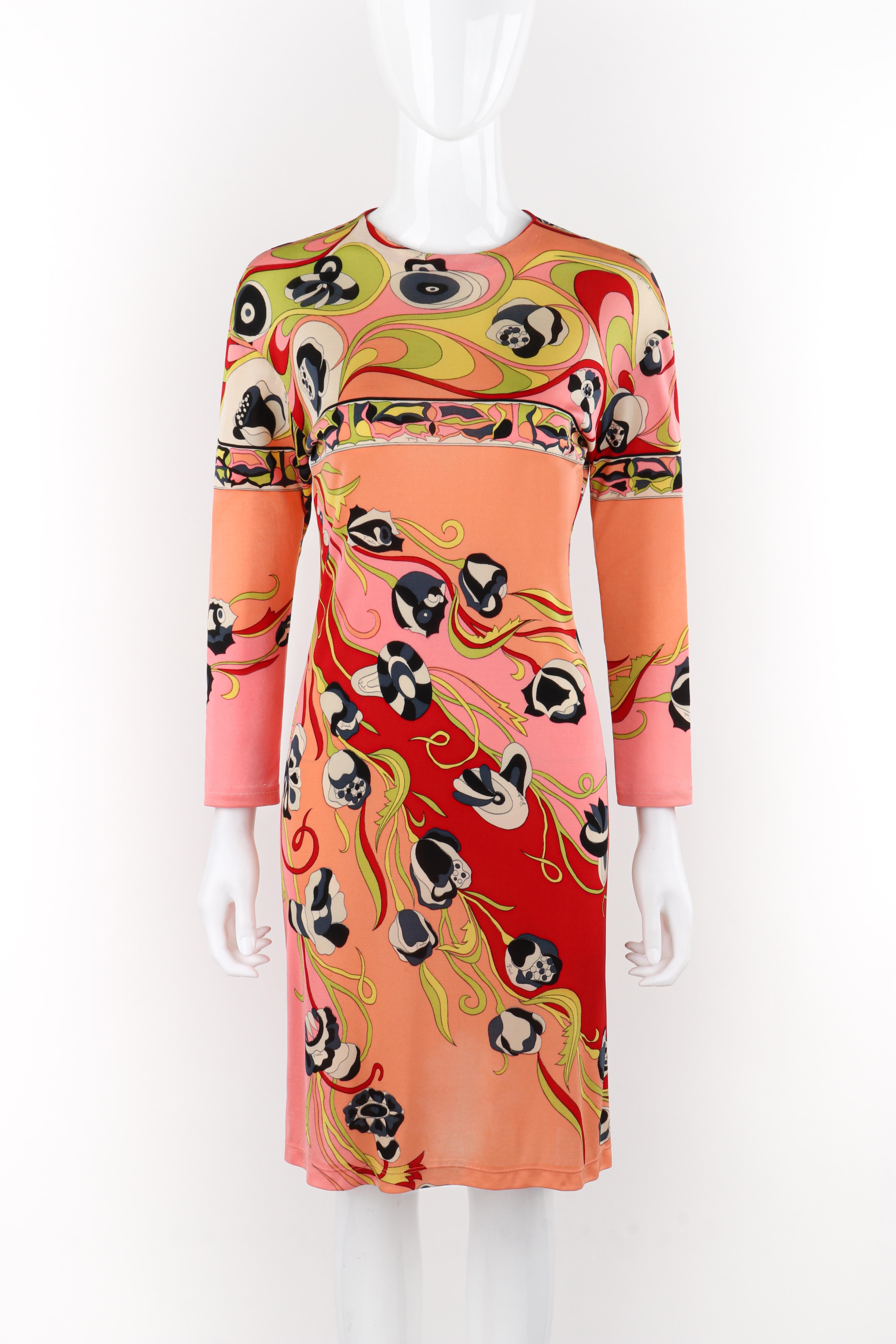 Brand / Manufacturer: Emilio Pucci
Circa: 1970s
Designer: Emilio Pucci
Style: Knee-length dress
Color(s): Shades of pink, red, green, yellow, gray, black, white
Lined: No 
Unmarked Fabric Content (feel of): Silk (primary fabric)
Additional Details /