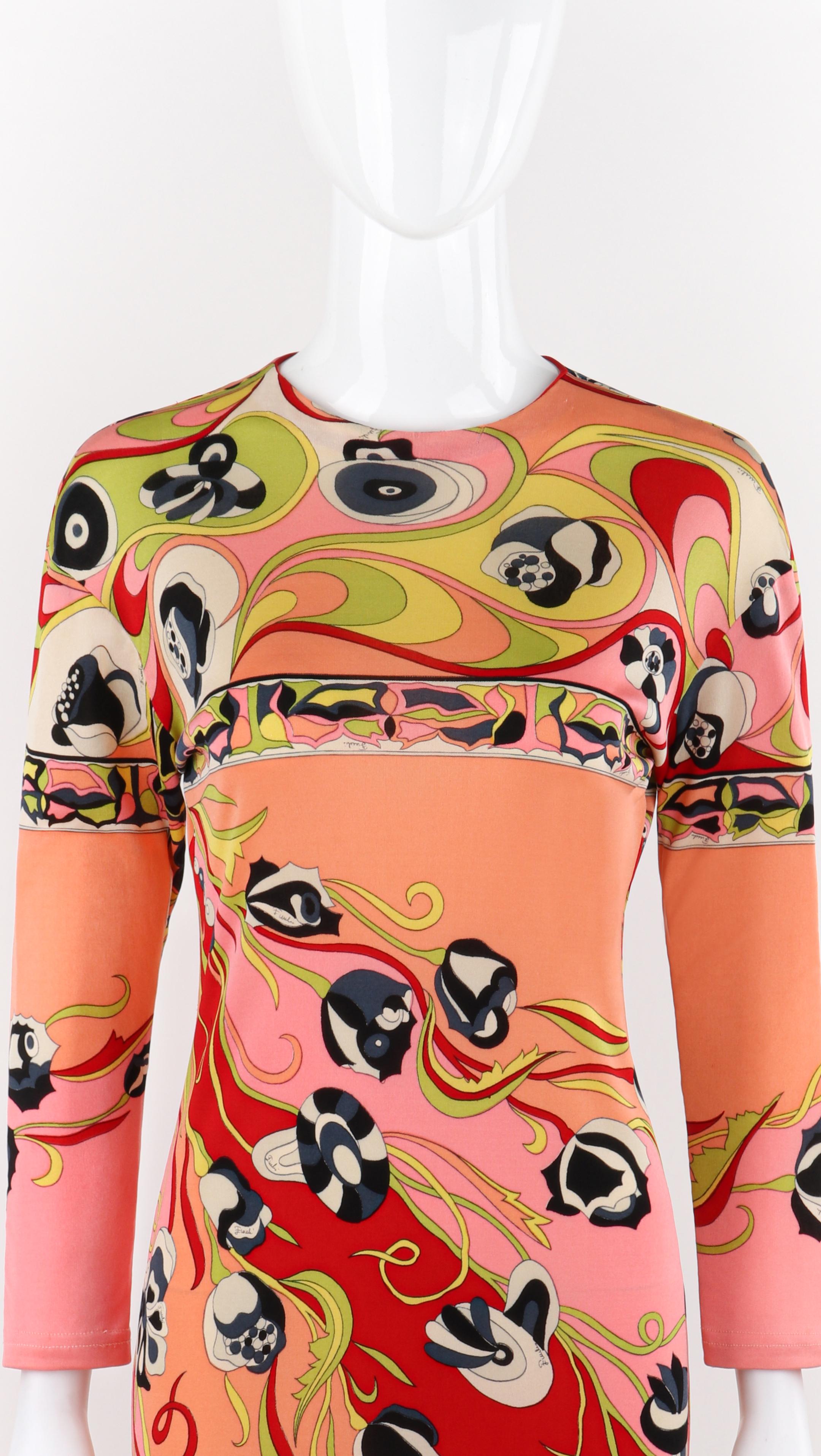 Orange EMILIO PUCCI c.1970s Multicolor Floral Abstract Print Silk Knee Length Dress For Sale