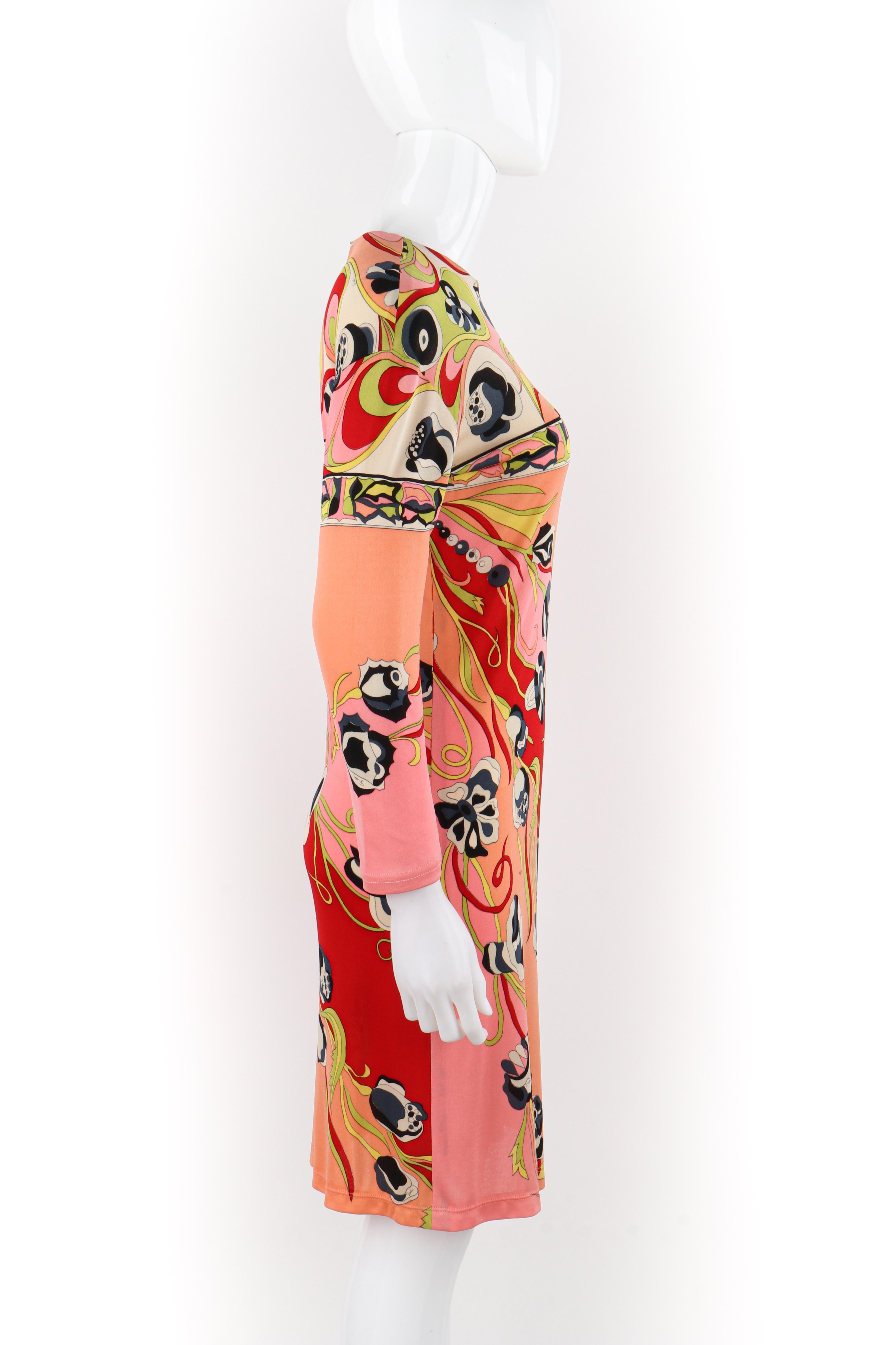 EMILIO PUCCI c.1970s Multicolor Floral Abstract Print Silk Knee Length Dress In Fair Condition For Sale In Thiensville, WI
