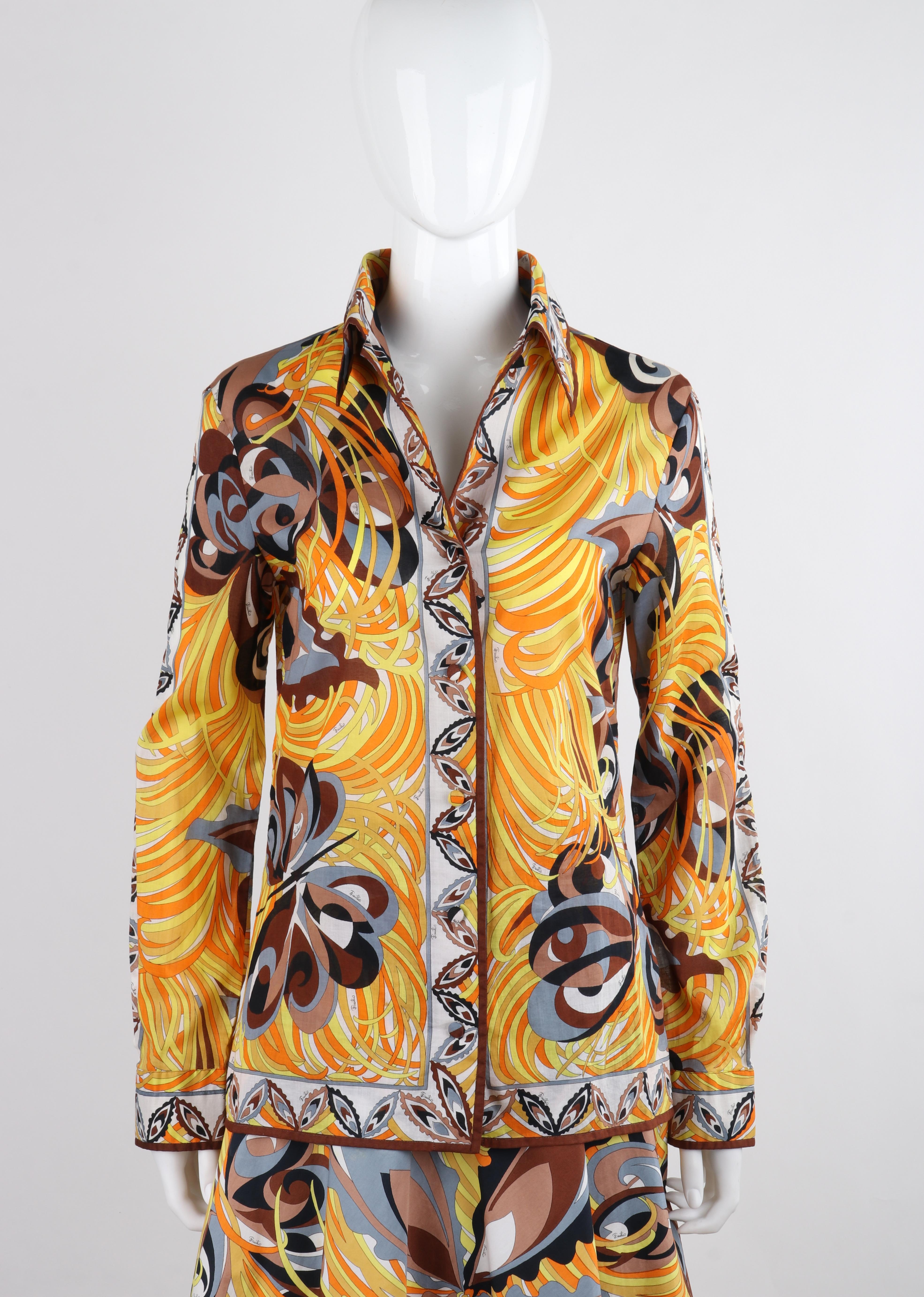 Marrone A.I.C. 1970, camicetta con stampa floreale a farfalla Op Art, camicetta e gonna in vendita
