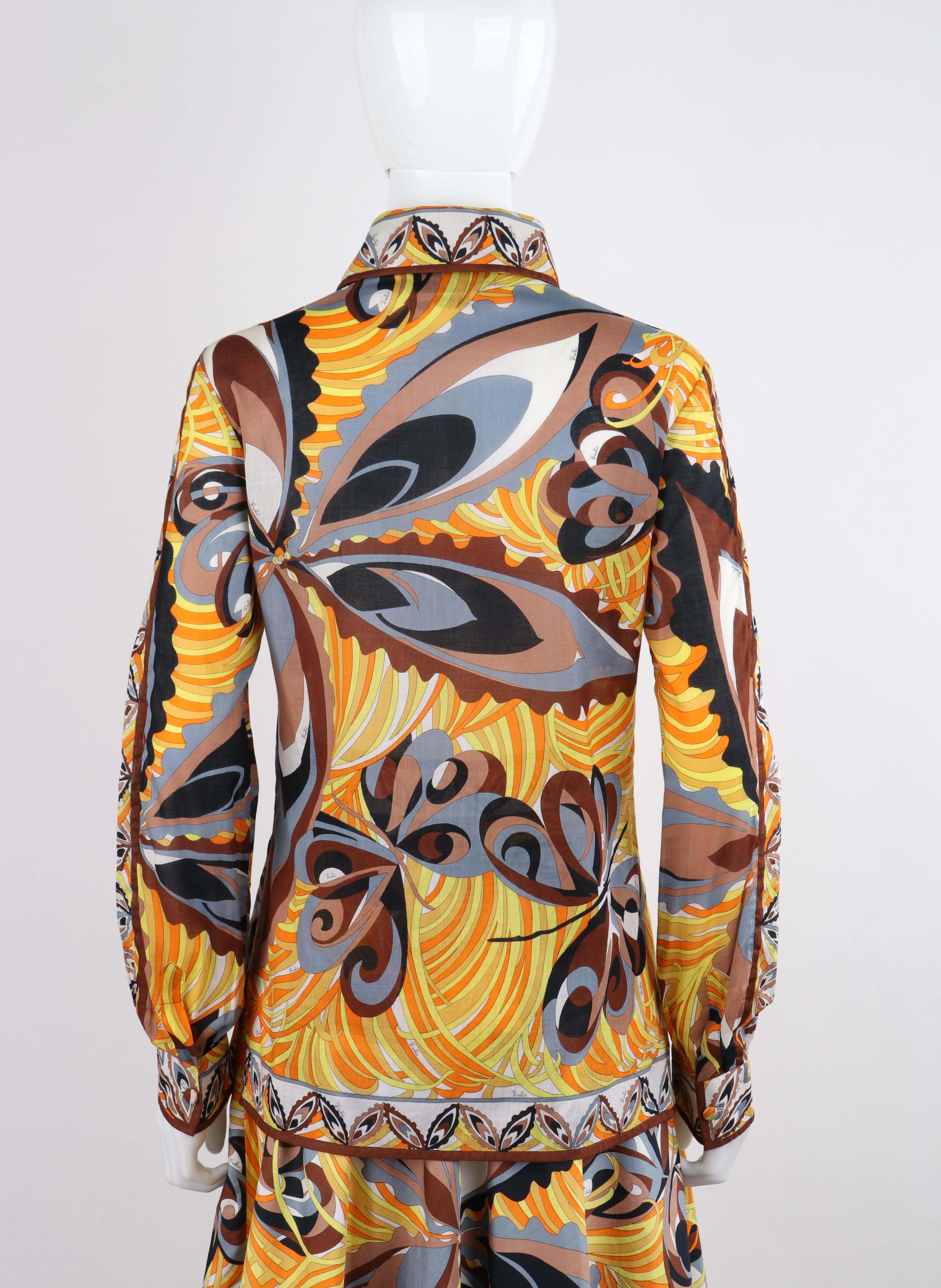 Donna A.I.C. 1970, camicetta con stampa floreale a farfalla Op Art, camicetta e gonna in vendita