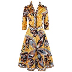 EMILIO PUCCI c.1970's Multicolor Floral Butterfly Op Art Print Blouse Skirt Set