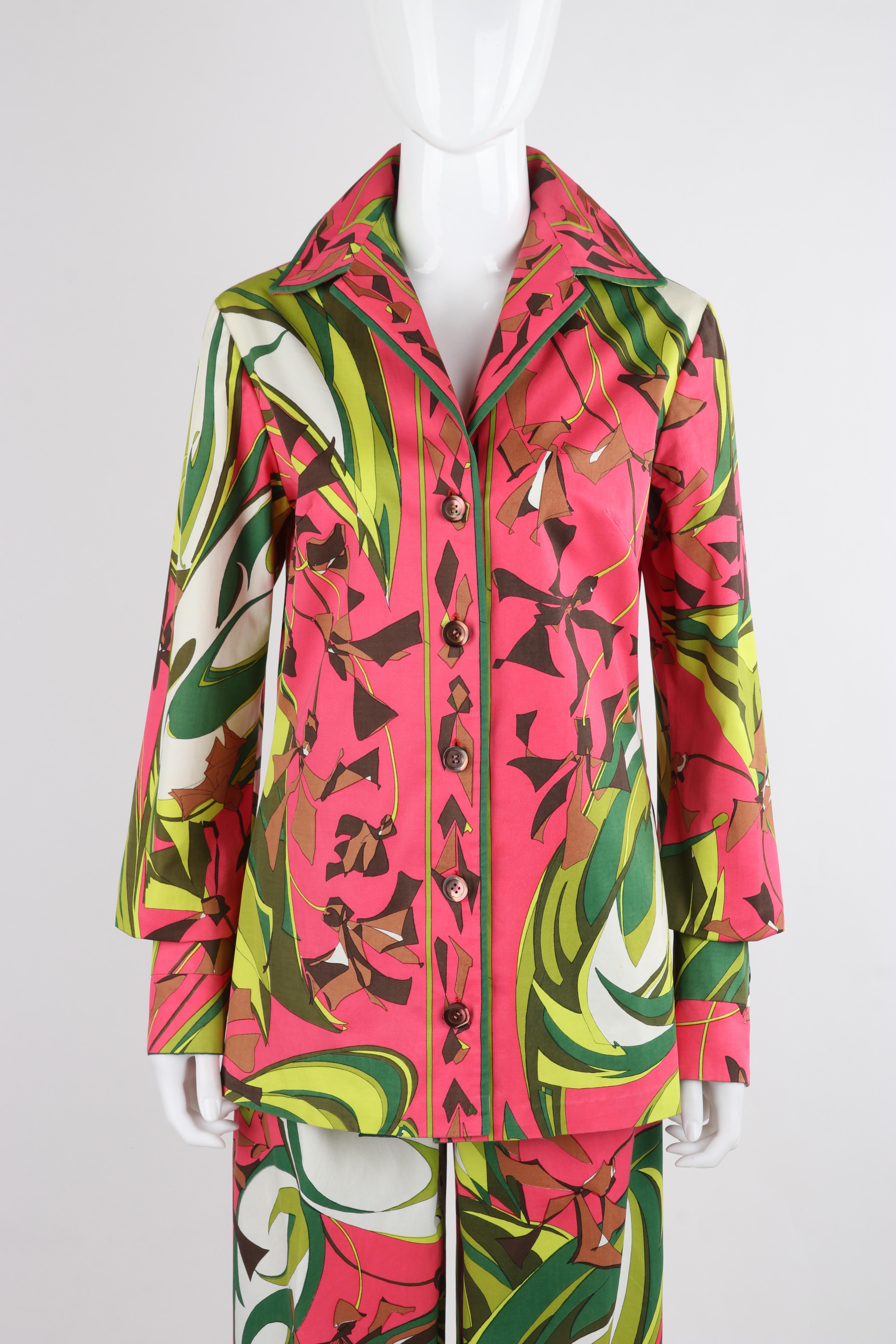 EMILIO PUCCI c.1970 Multicolor Floral Op Art Print Chaqueta Pantalón Traje Conjunto Marrón en venta