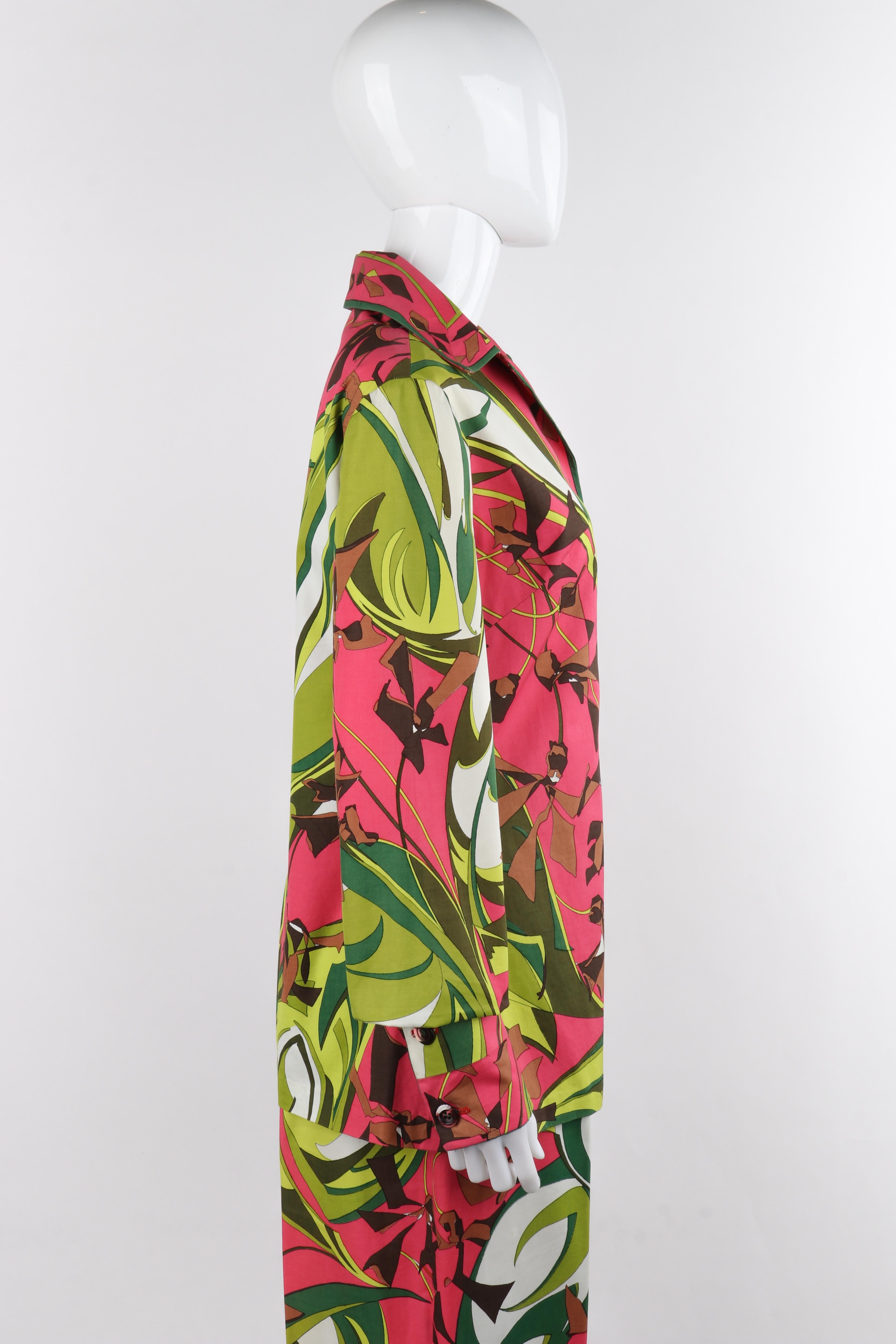 EMILIO PUCCI c.1970 Multicolor Floral Op Art Print Chaqueta Pantalón Traje Conjunto en Bueno estado para la venta en Thiensville, WI
