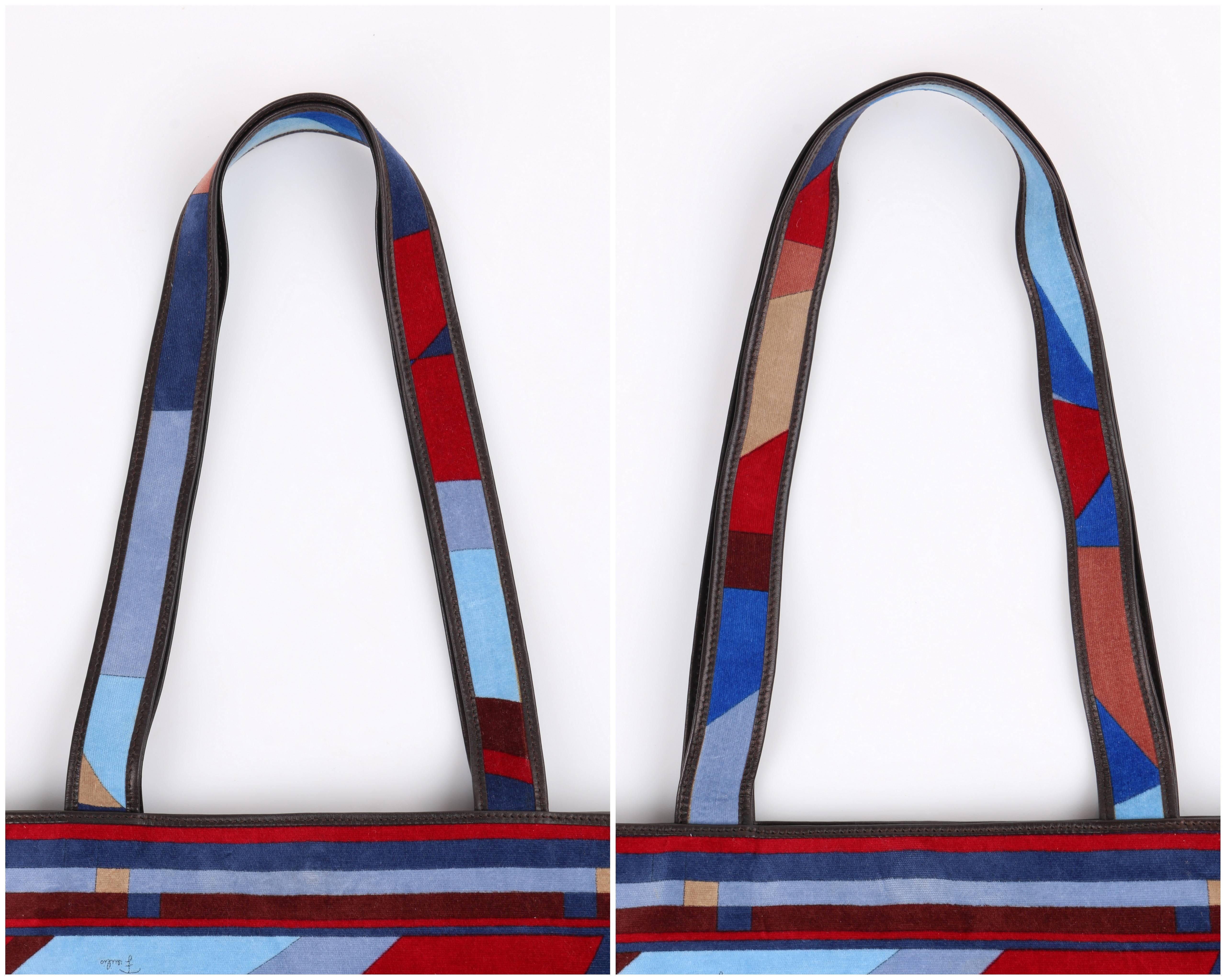 EMILIO PUCCI c.1970's Multicolor Geometric Signature Print Velvet Tote Hand Bag 3
