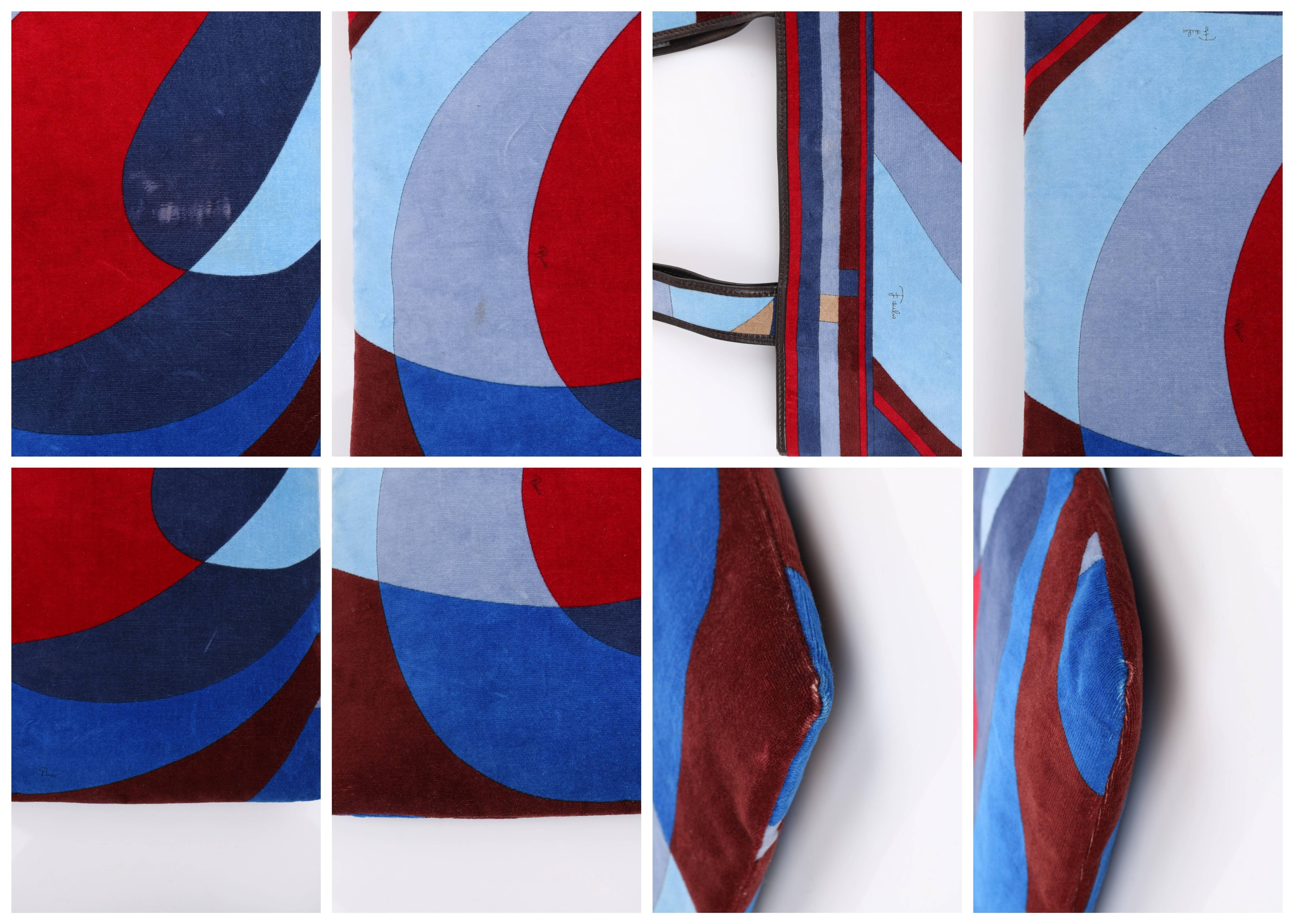 EMILIO PUCCI c.1970's Multicolor Geometric Signature Print Velvet Tote Hand Bag 4