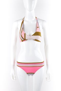 EMILIO PUCCI c.1970s Multicolor Geometric Stripe Triangle Halter Bikini Swimsuit