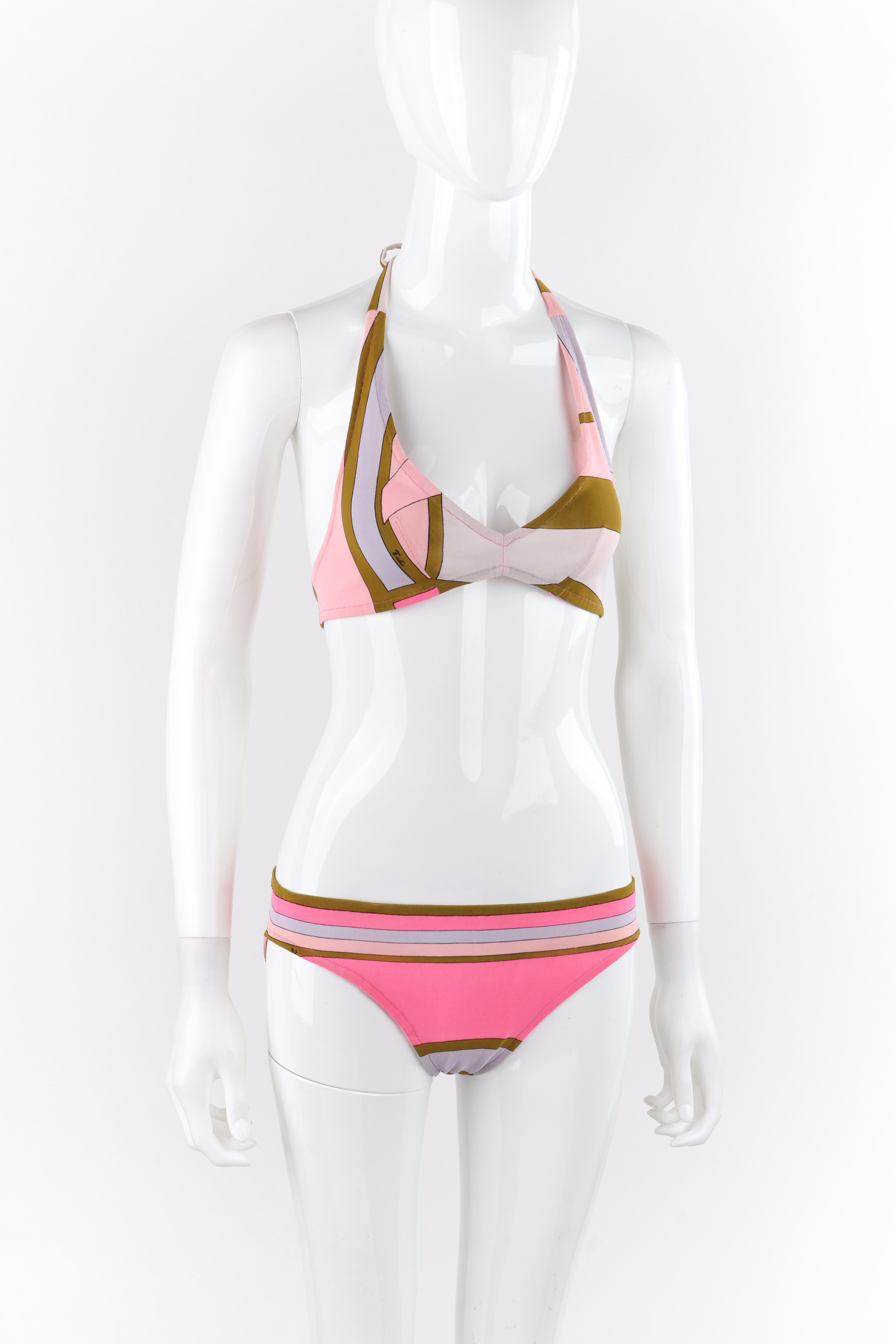 EMILIO PUCCI ca. 1970er Jahre Mehrfarbiger Bikini-Badeanzug mit geometrischen Streifen und dreieckigem Träger (Pink) im Angebot