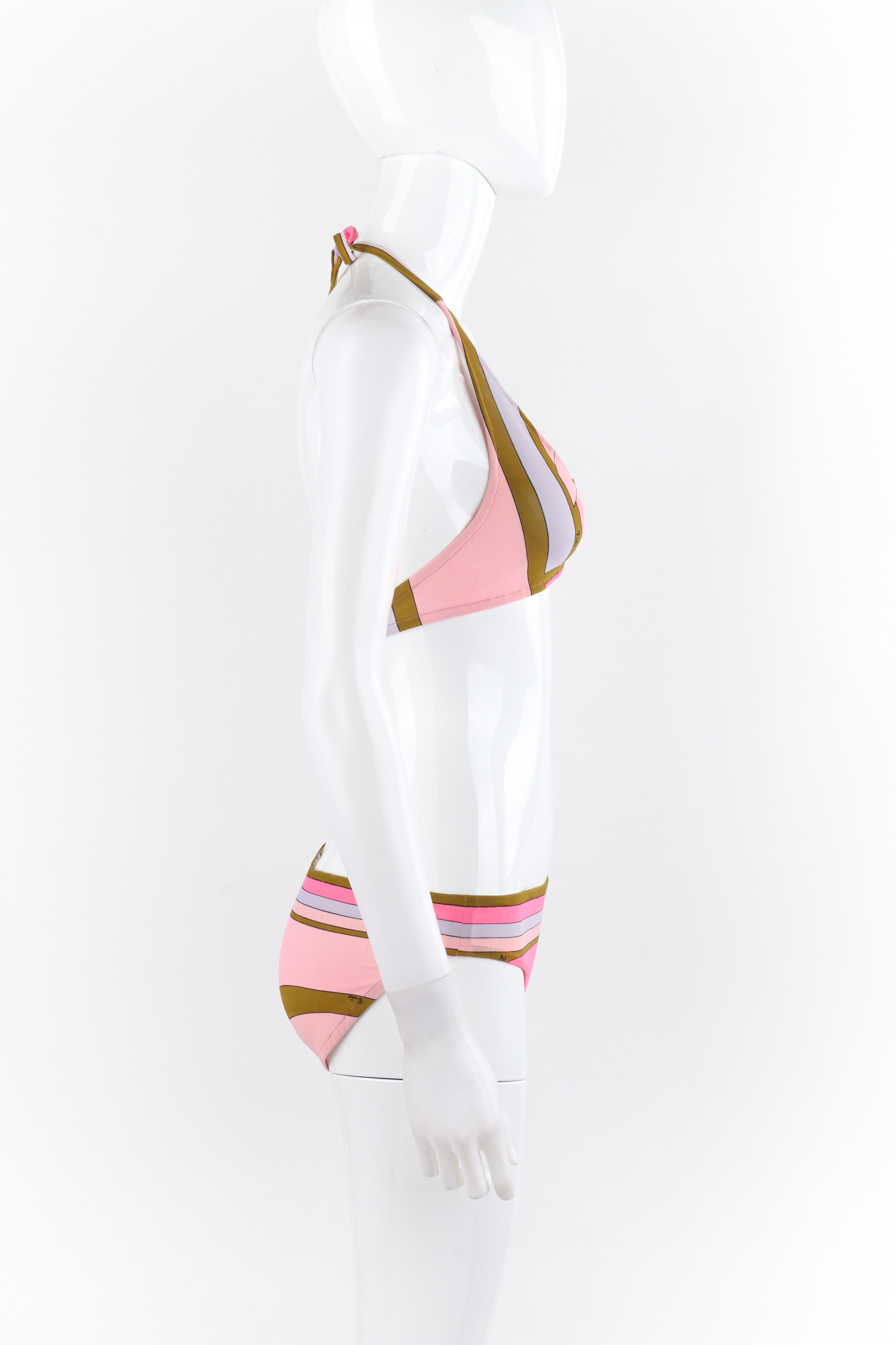 Rose Bikini Emilio Pucci dos nu à rayures géométriques multicolores et triangles (années 1970) en vente