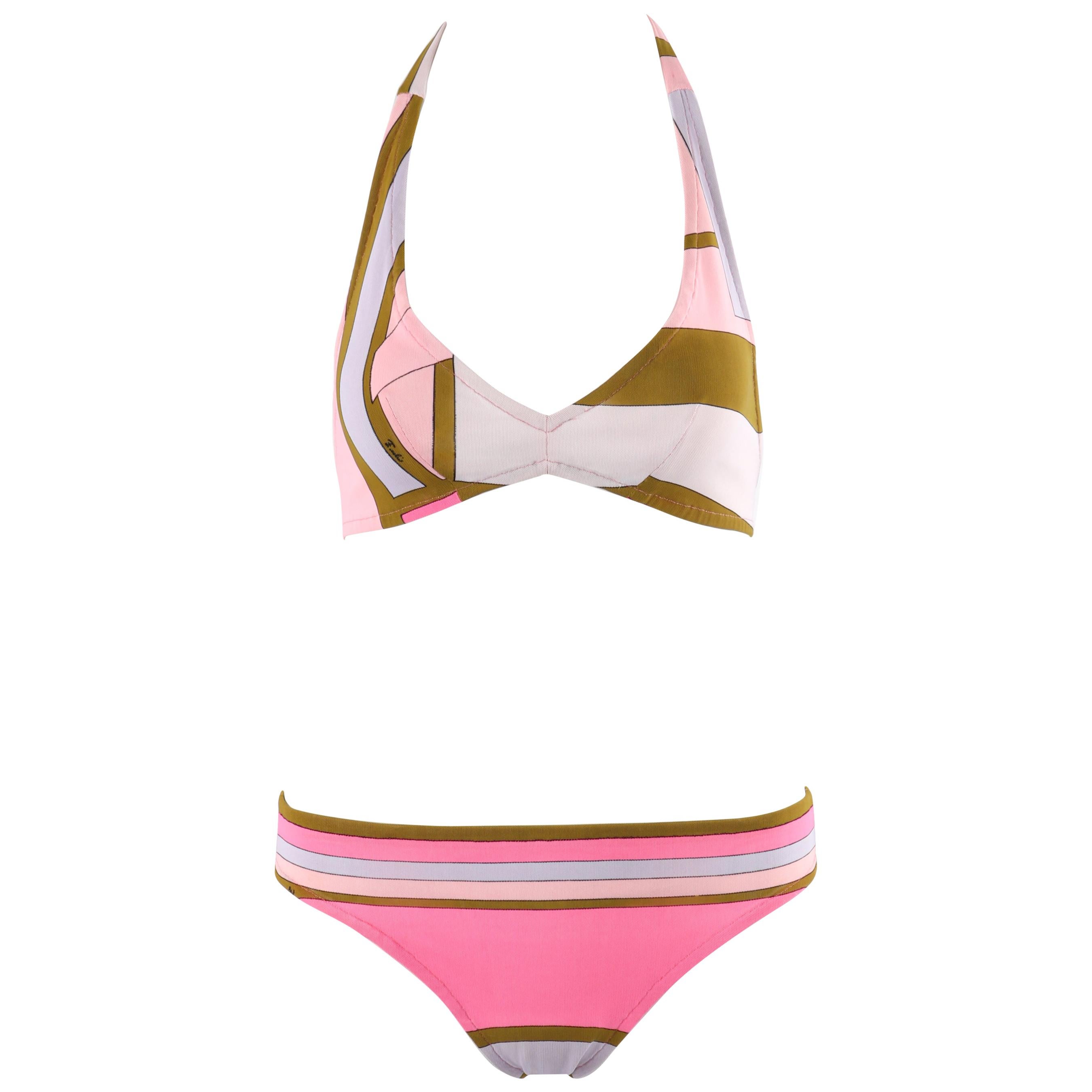 EMILIO PUCCI c.1970s Multicolor Geometric Stripe Triangle Halter Bikini Swimsuit
