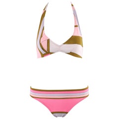 EMILIO PUCCI c.1970s Multicolor Geometric Stripe Triangle Halter Bikini Swimsuit