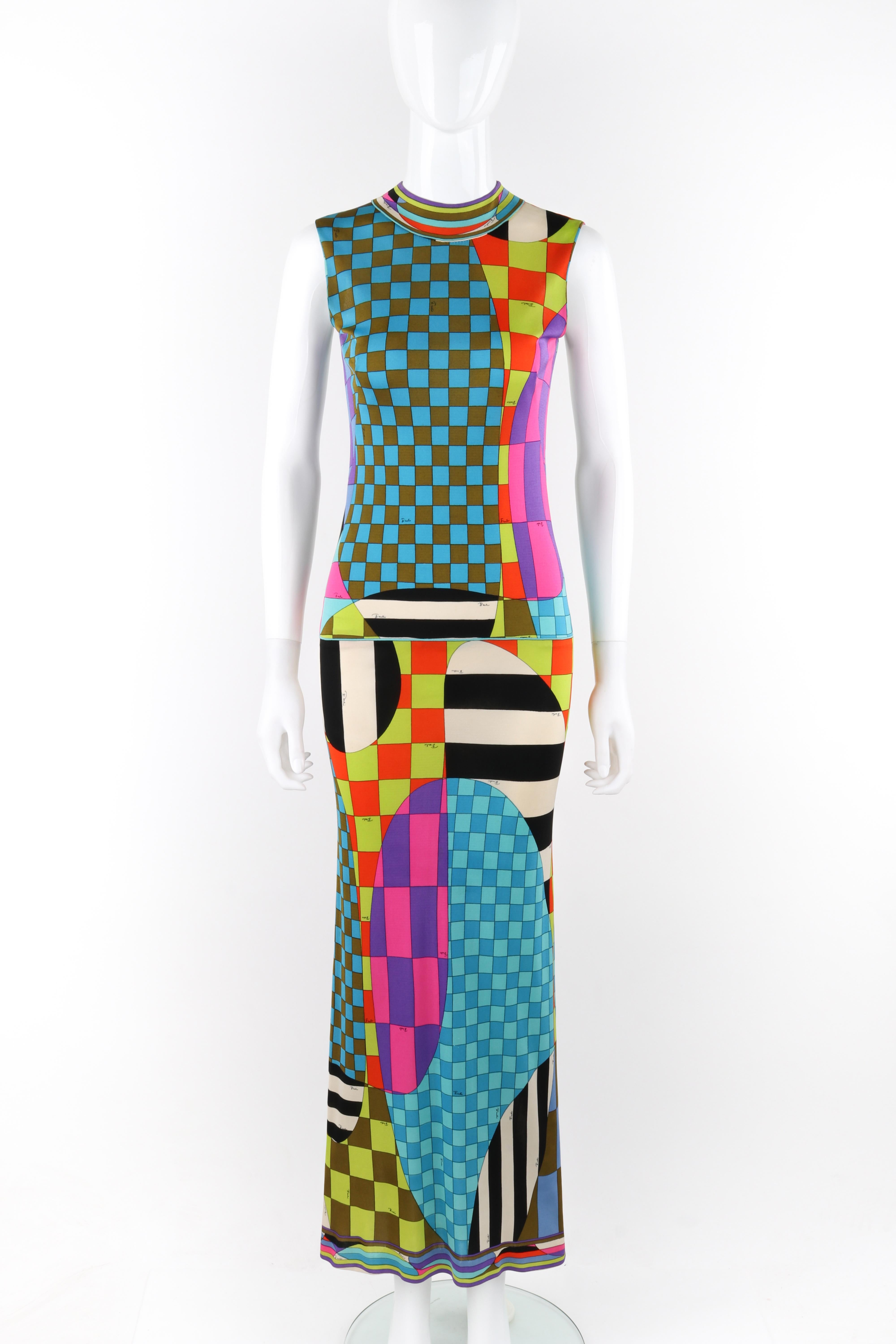 EMILIO PUCCI c.1970's Multicolor Op Art Check Striped Mock-Neck Sleeveless Dress

Brand / Manufacturer: Emilio Pucci
Circa: 1970's
Designer: Emilio Pucci 
Style: Maxi Dress
Color(s): Shades of black, white, green, orange, pink, purple, blue
Lined: