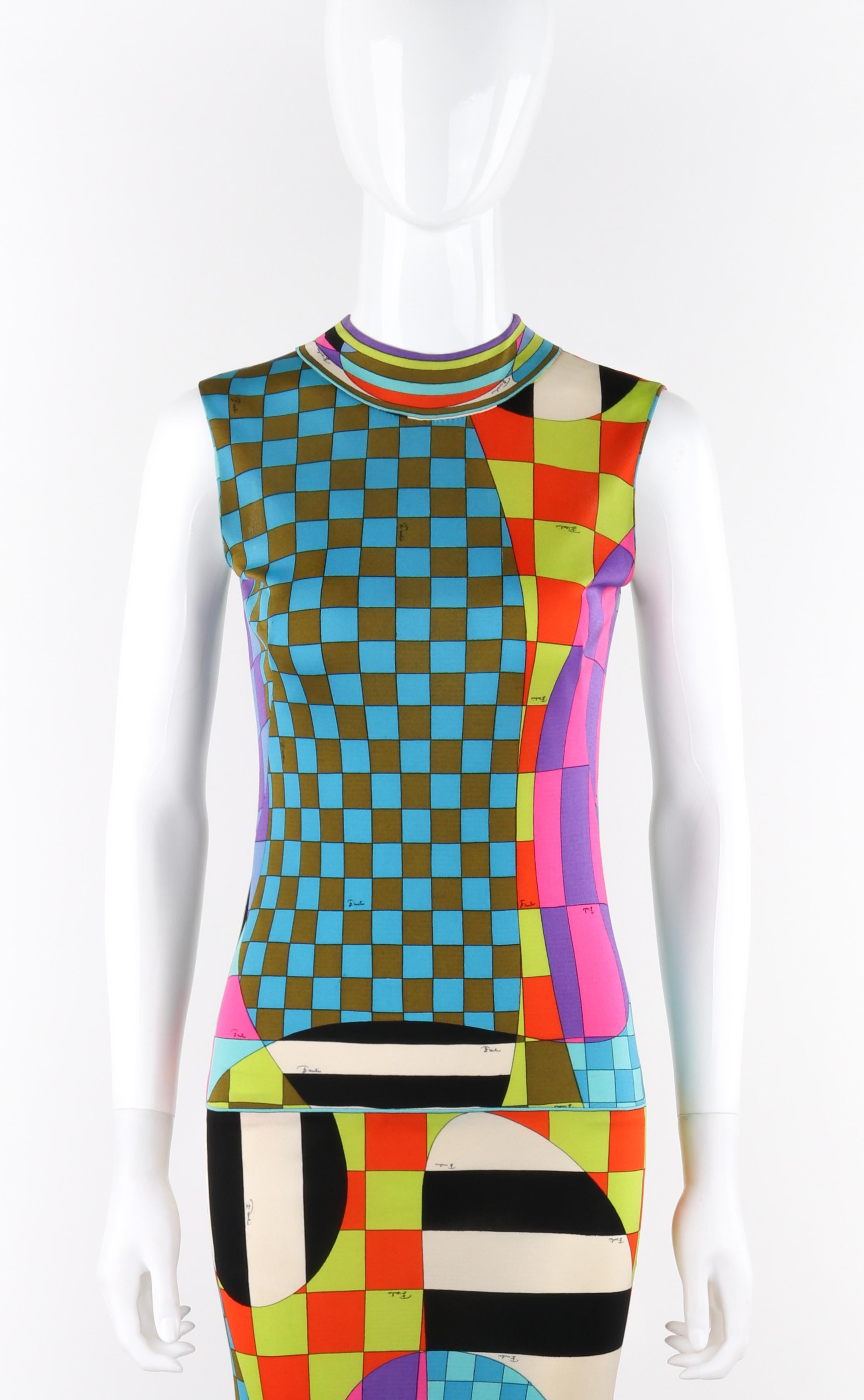 EMILIO PUCCI c.1970's Multicolor Op Art Check Striped Mock-Neck Sleeveless Dress In Good Condition For Sale In Thiensville, WI
