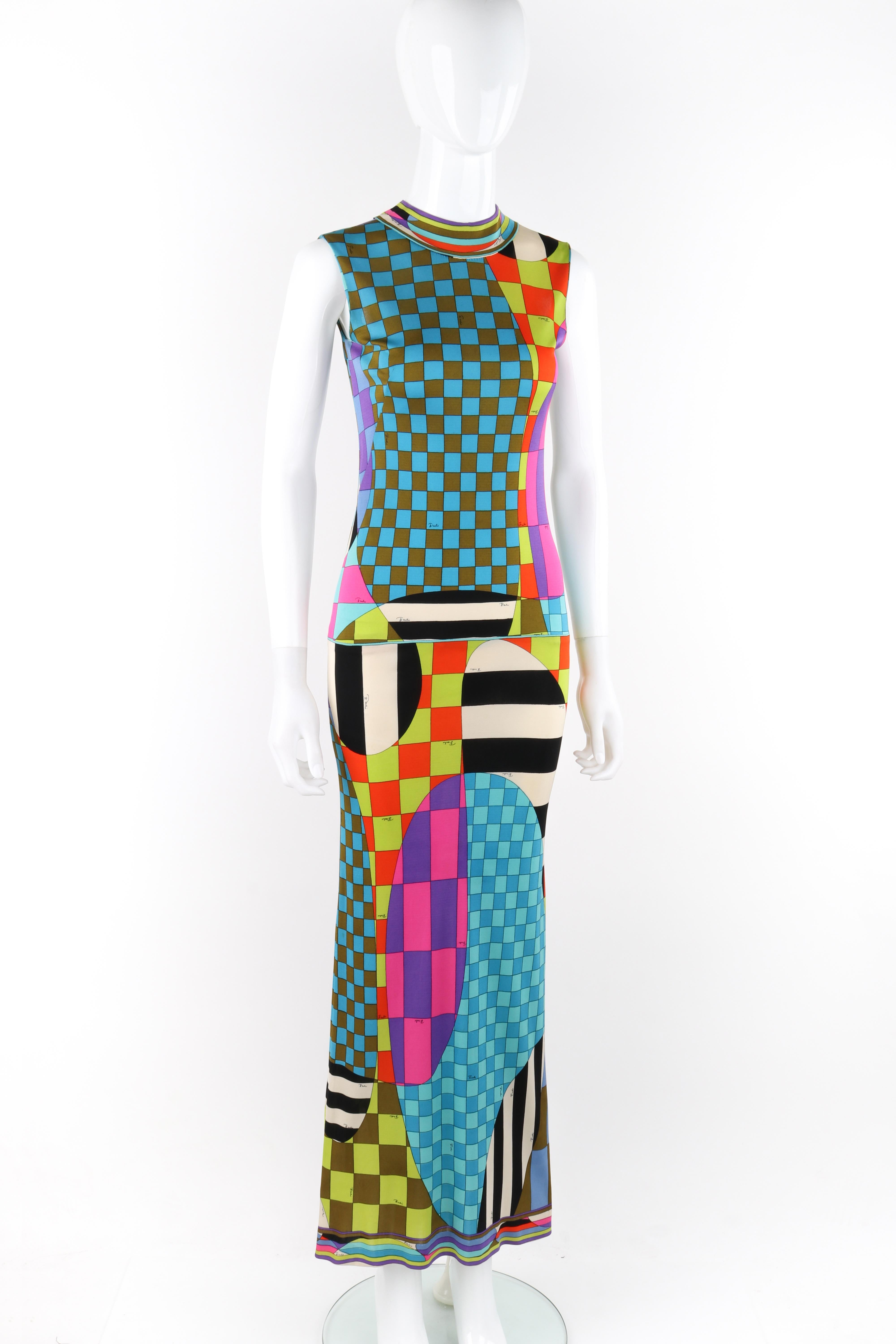 EMILIO PUCCI c.1970's Multicolor Op Art Check Striped Mock-Neck Sleeveless Dress In Good Condition For Sale In Thiensville, WI
