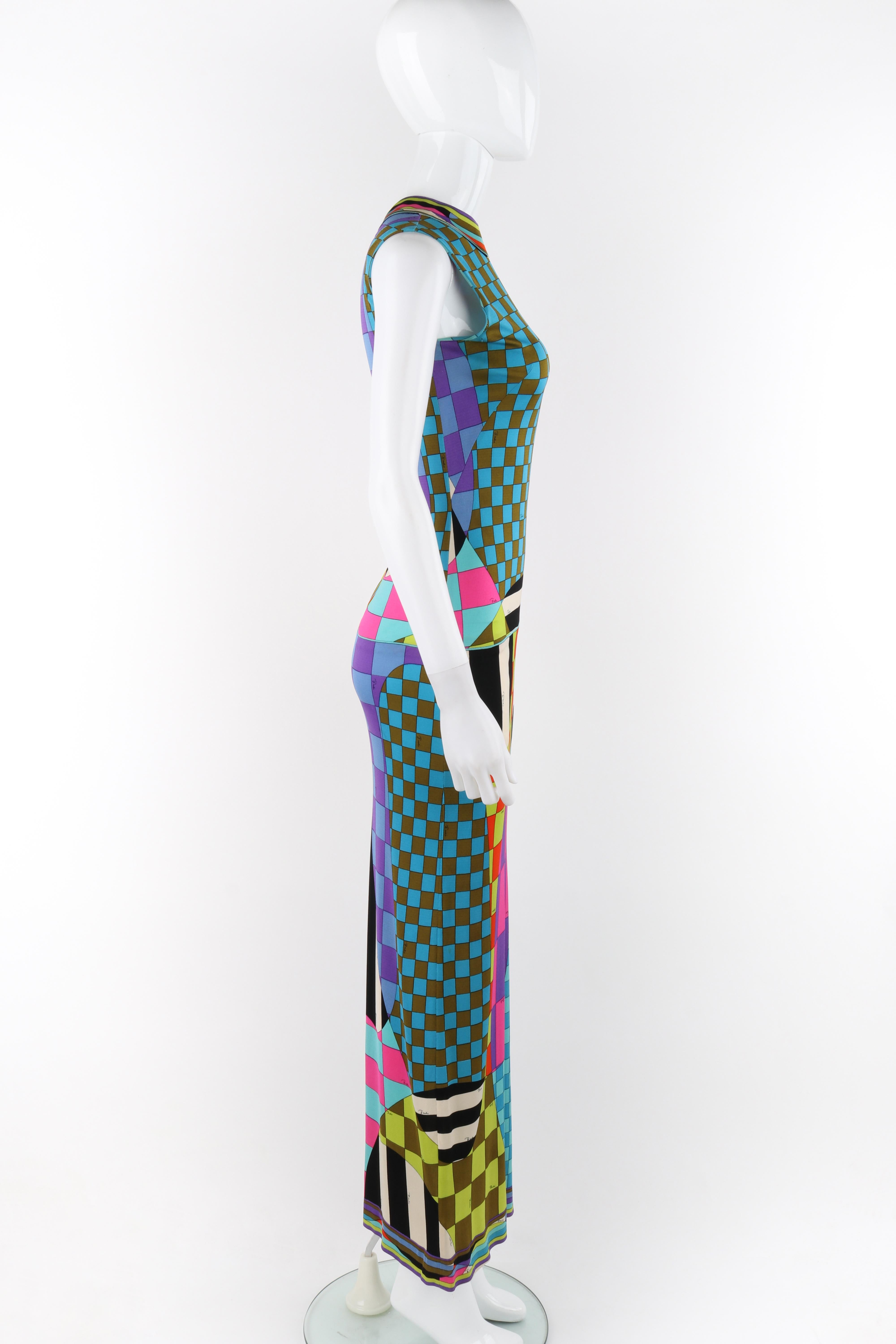 Women's EMILIO PUCCI c.1970's Multicolor Op Art Check Striped Mock-Neck Sleeveless Dress For Sale