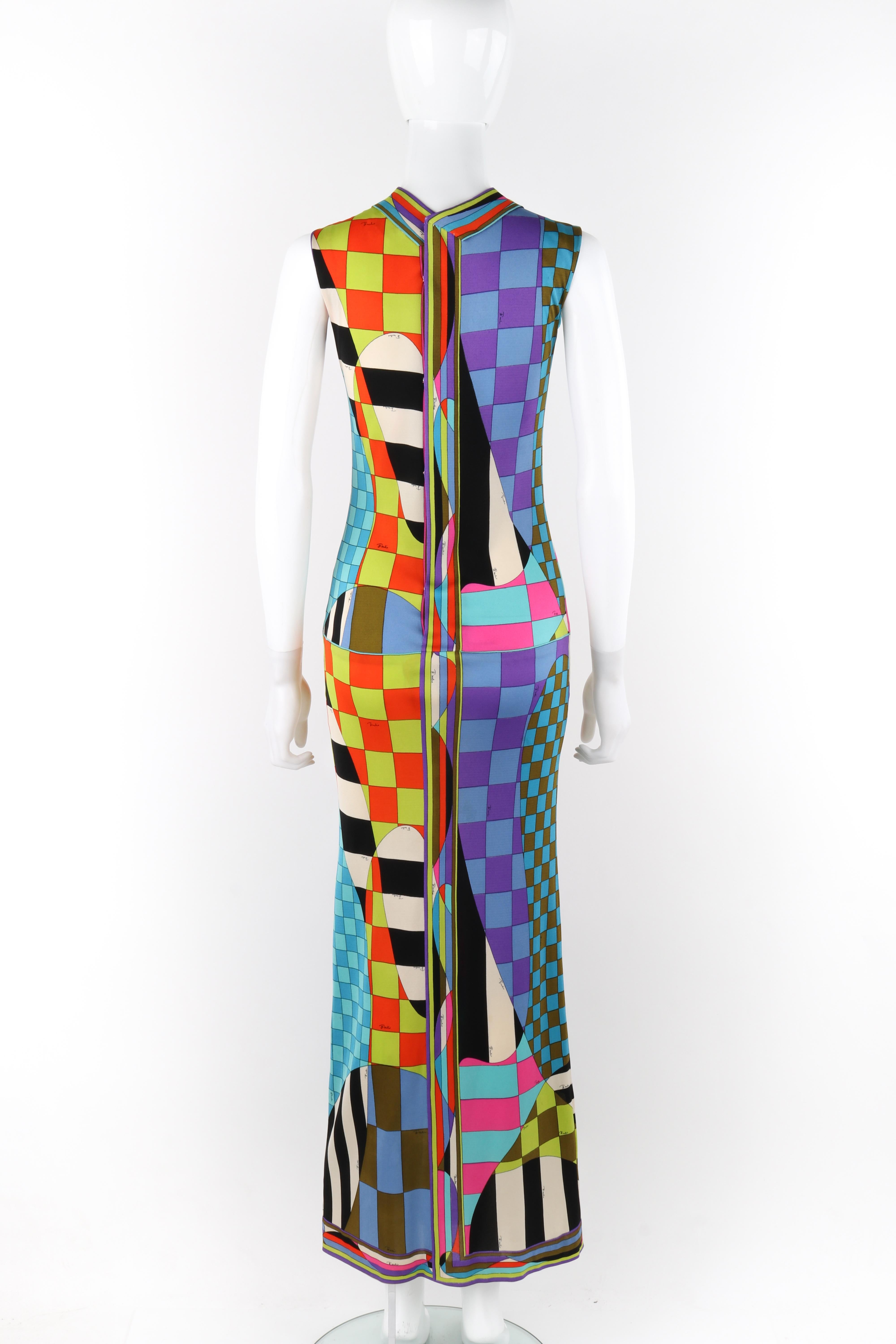 EMILIO PUCCI c.1970's Multicolor Op Art Check Striped Mock-Neck Sleeveless Dress For Sale 2