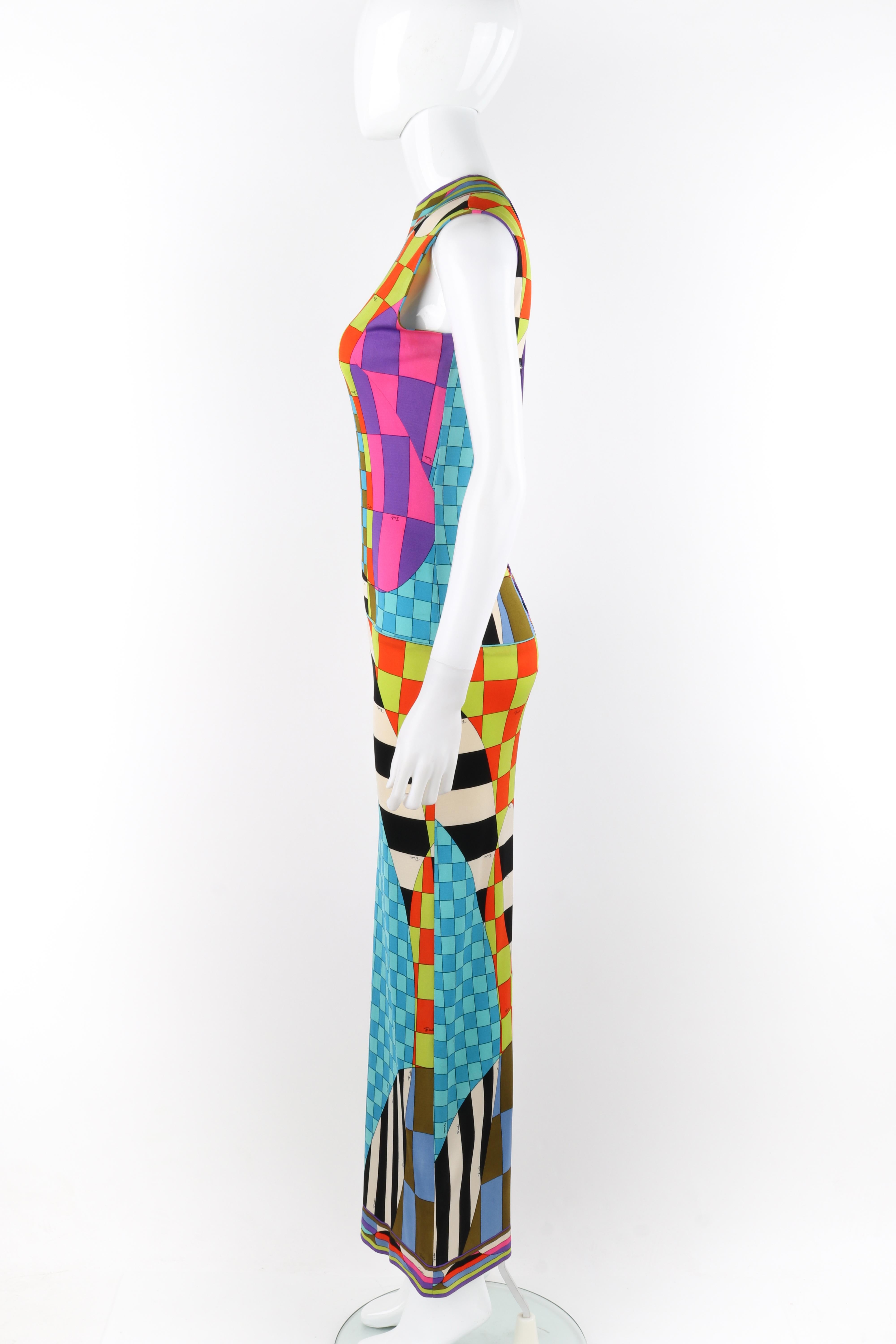 EMILIO PUCCI c.1970's Multicolor Op Art Check Striped Mock-Neck Sleeveless Dress For Sale 2