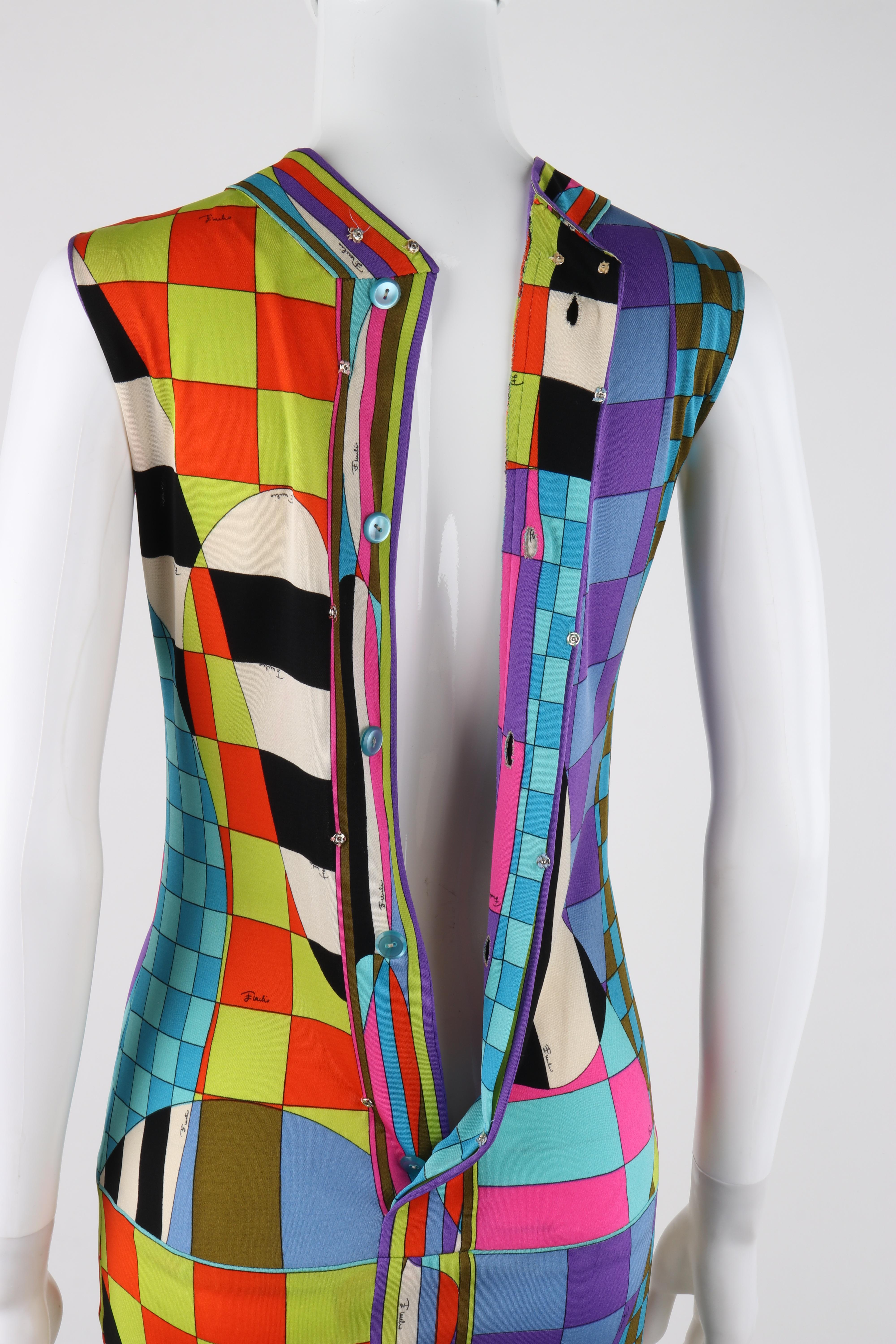 EMILIO PUCCI c.1970's Multicolor Op Art Check Striped Mock-Neck Sleeveless Dress For Sale 4