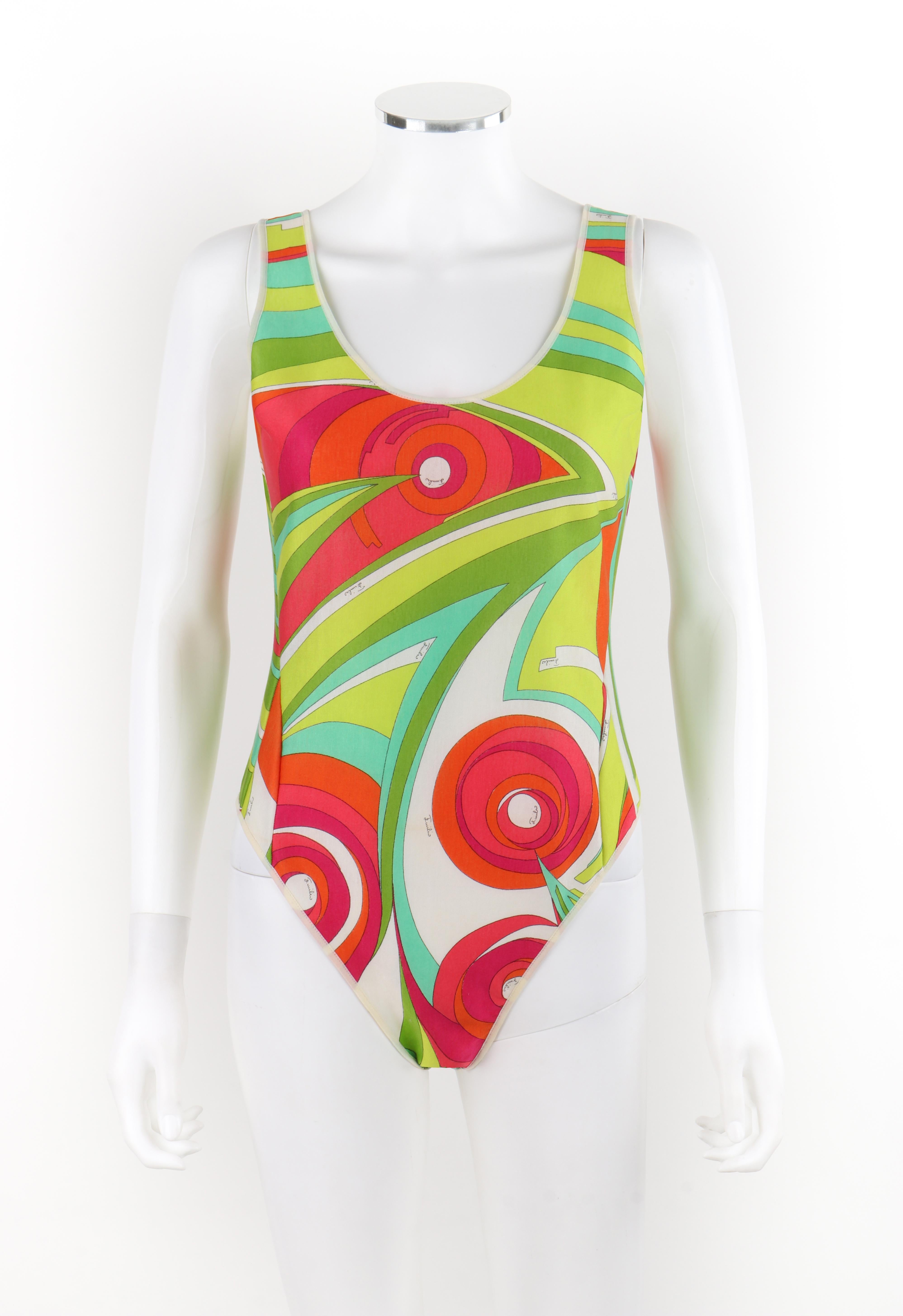 EMILIO PUCCI c.1970s Multicolor Op Art High-Cut One Piece Snap Bodysuit Swimsuit

Brand / Manufacturer: Emilio Pucci
Circa: 1970s
Designer: Emilio Pucci
Style: One-piece Swimsuit
Color(s): Shades of pink, green, orange, white, yellow, blue
Lined: