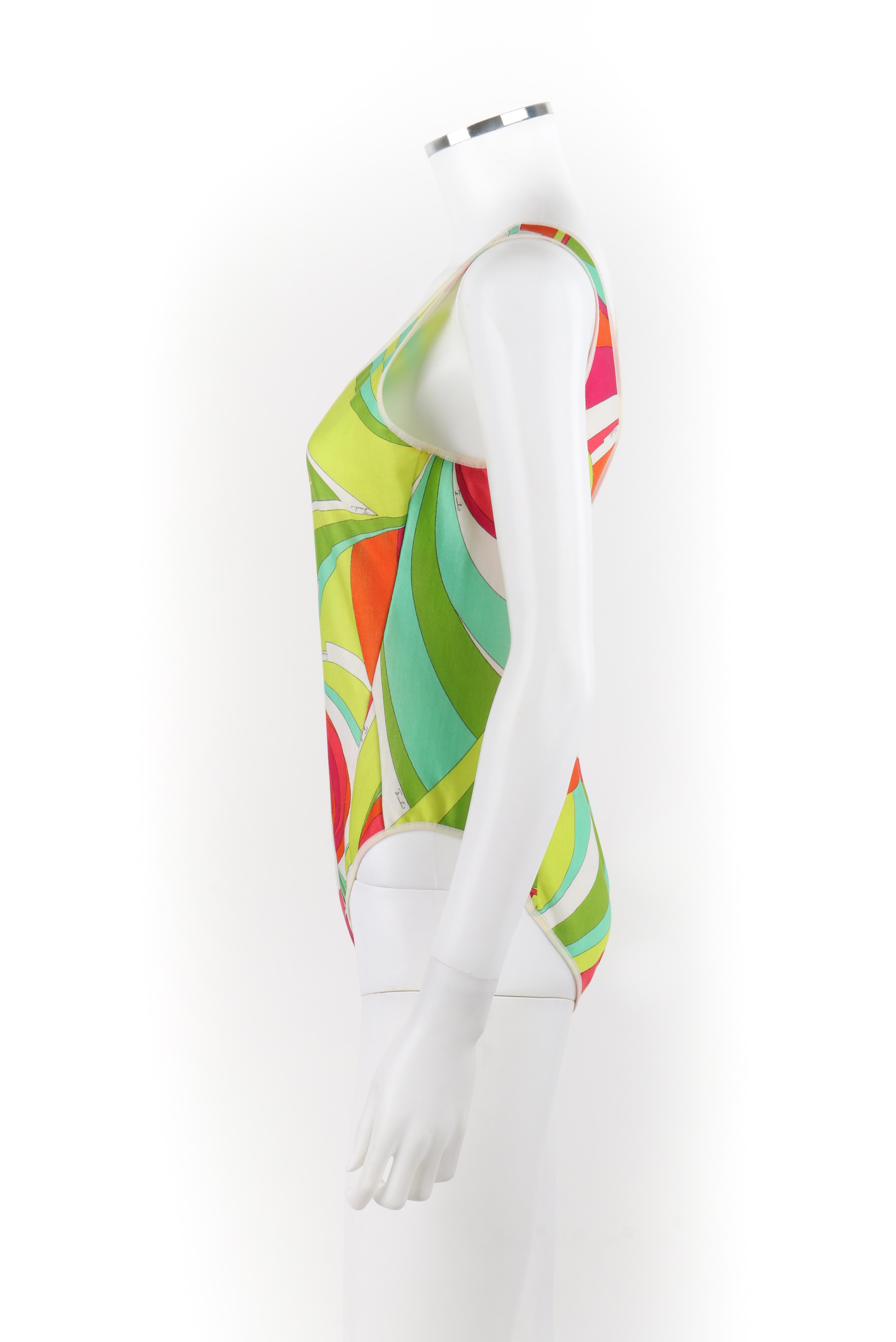 EMILIO PUCCI c.1970s Multicolor Op Art High-Cut One Piece Snap Bodysuit Swimsuit In Good Condition For Sale In Thiensville, WI