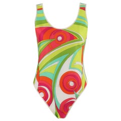 EMILIO PUCCI c.1970s Multicolor Op Art Hochgeschnittener Einteiler Badeanzug mit Schnappverschluss