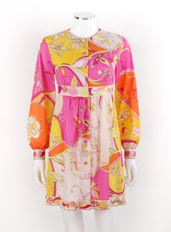 EMILIO PUCCI c.1970s Multicolor Silk Floral Pattern Button Down Babydoll Dress
