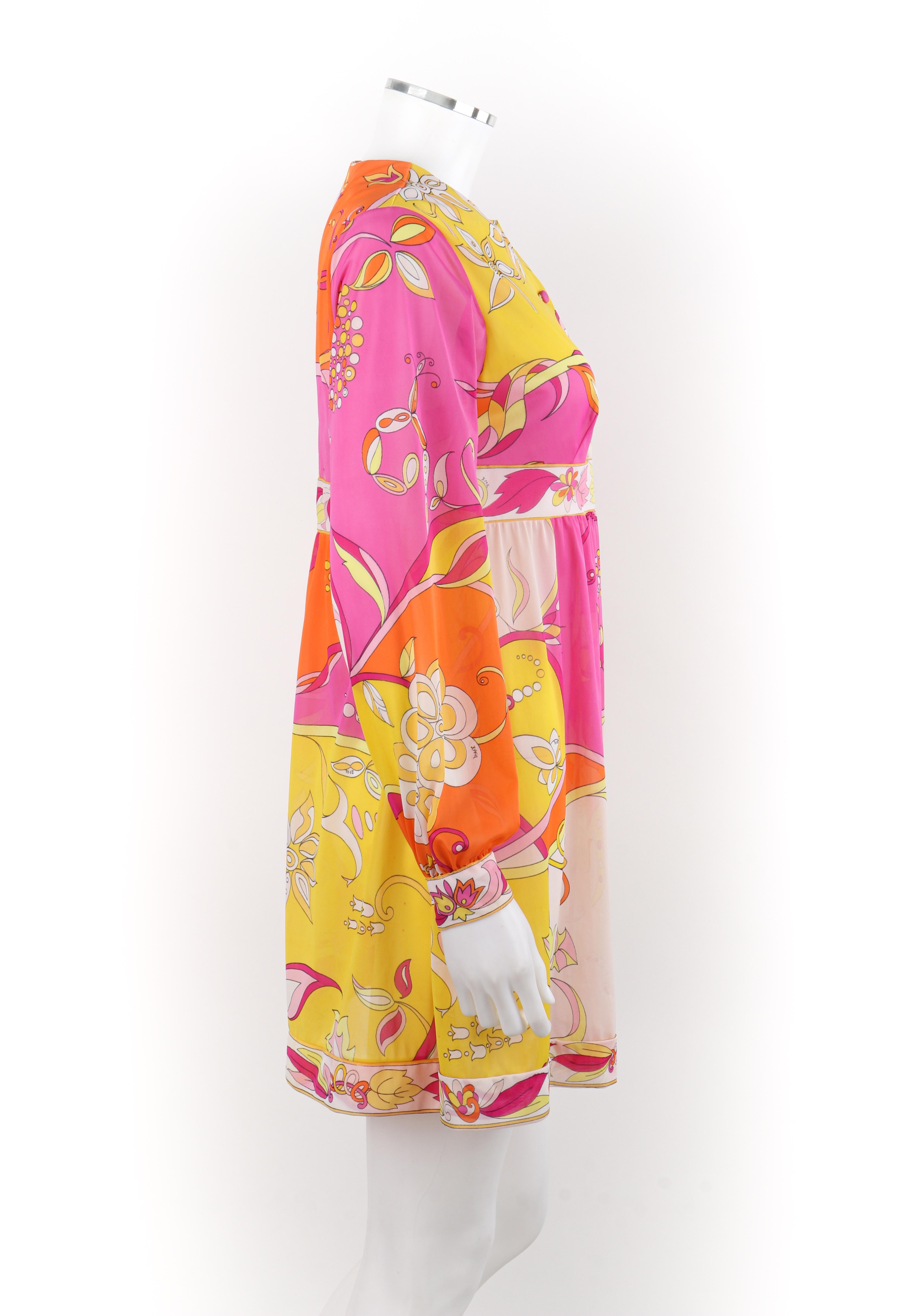 Women's EMILIO PUCCI c.1970s Multicolor Silk Floral Pattern Button Down Babydoll Dress  For Sale