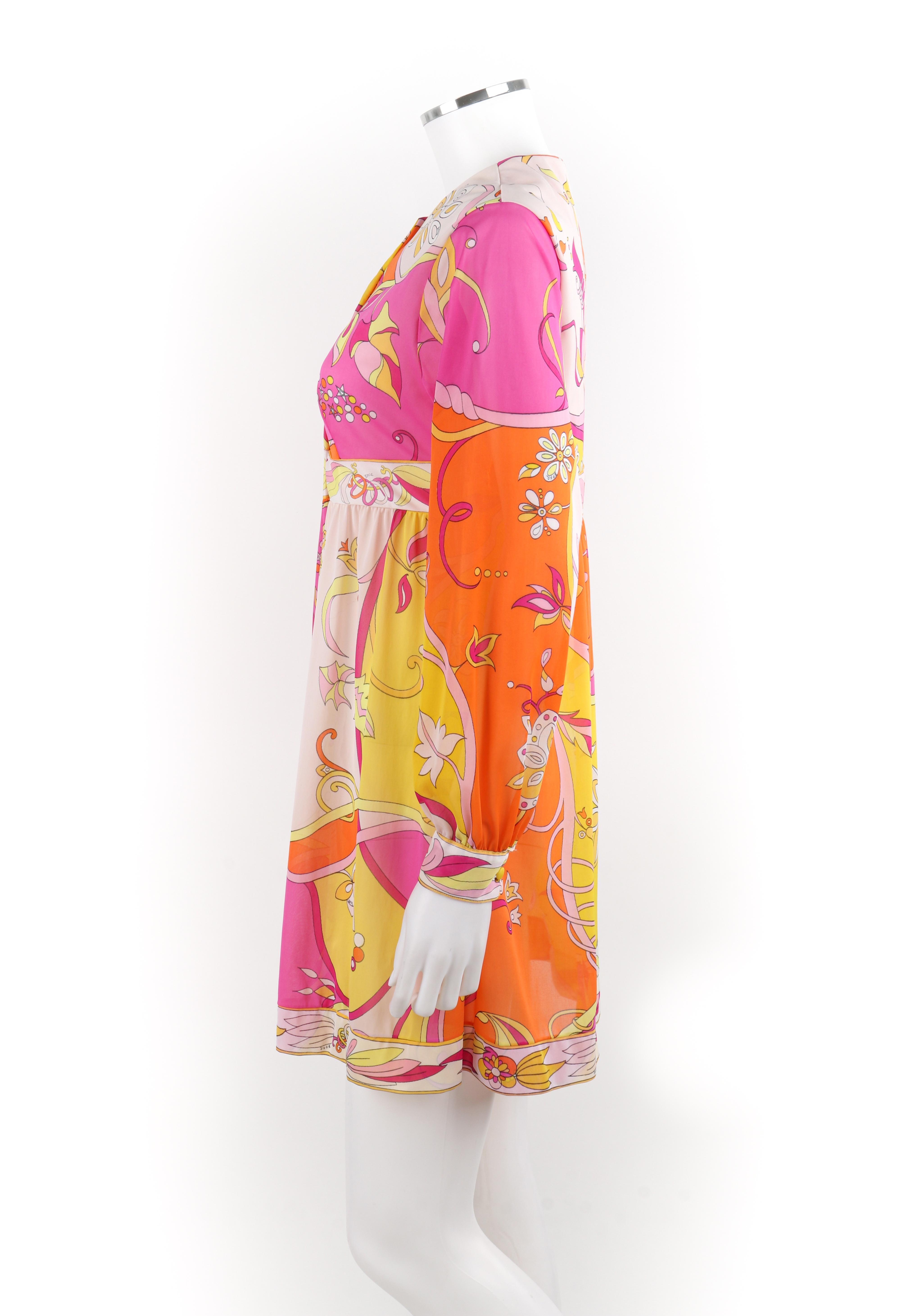 EMILIO PUCCI c.1970s Multicolor Silk Floral Pattern Button Down Babydoll Dress  For Sale 2