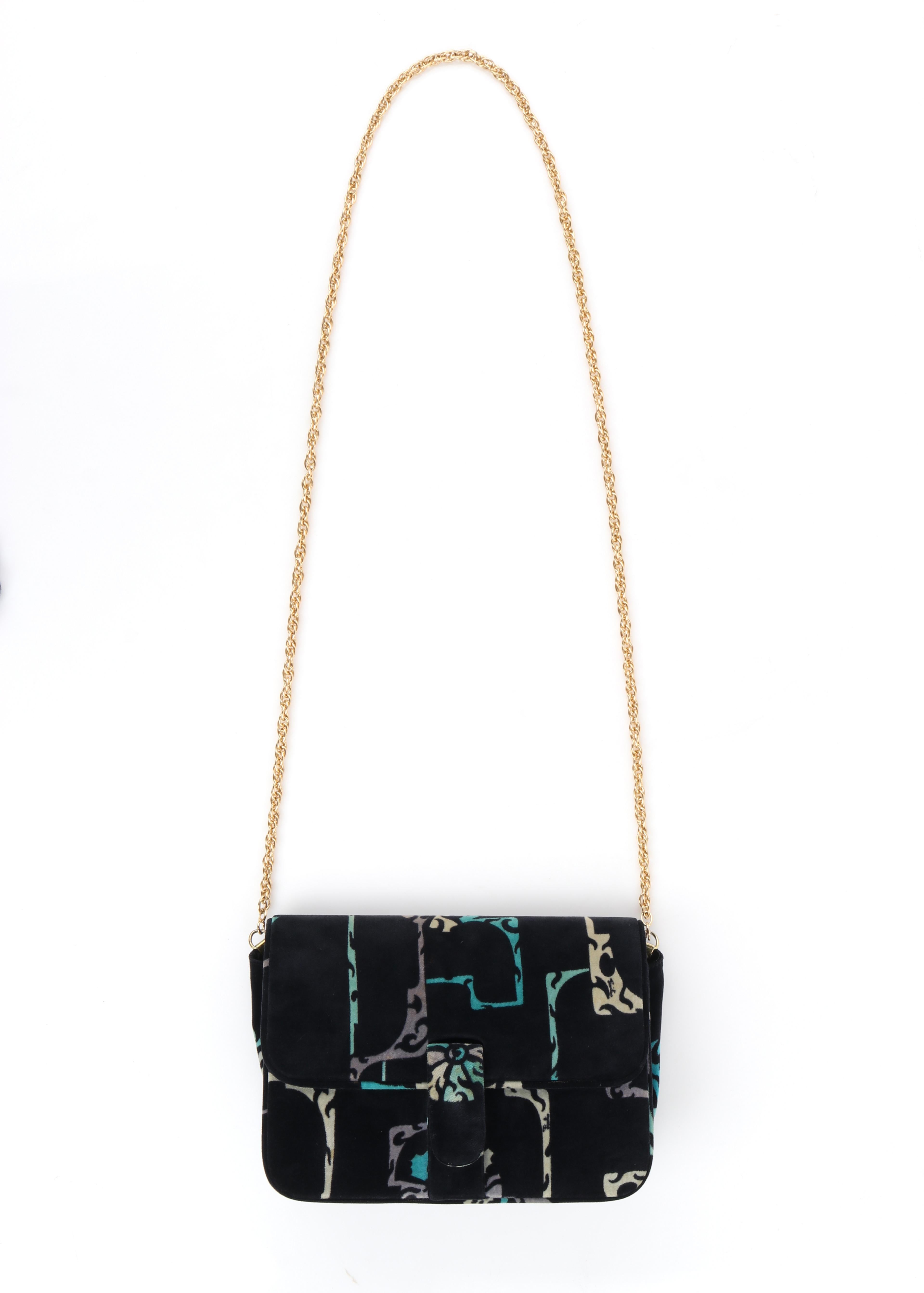 EMILIO PUCCI c.1970's Multicolor Velvet Print Gold Chain Shoulder Bag Purse In Good Condition For Sale In Thiensville, WI