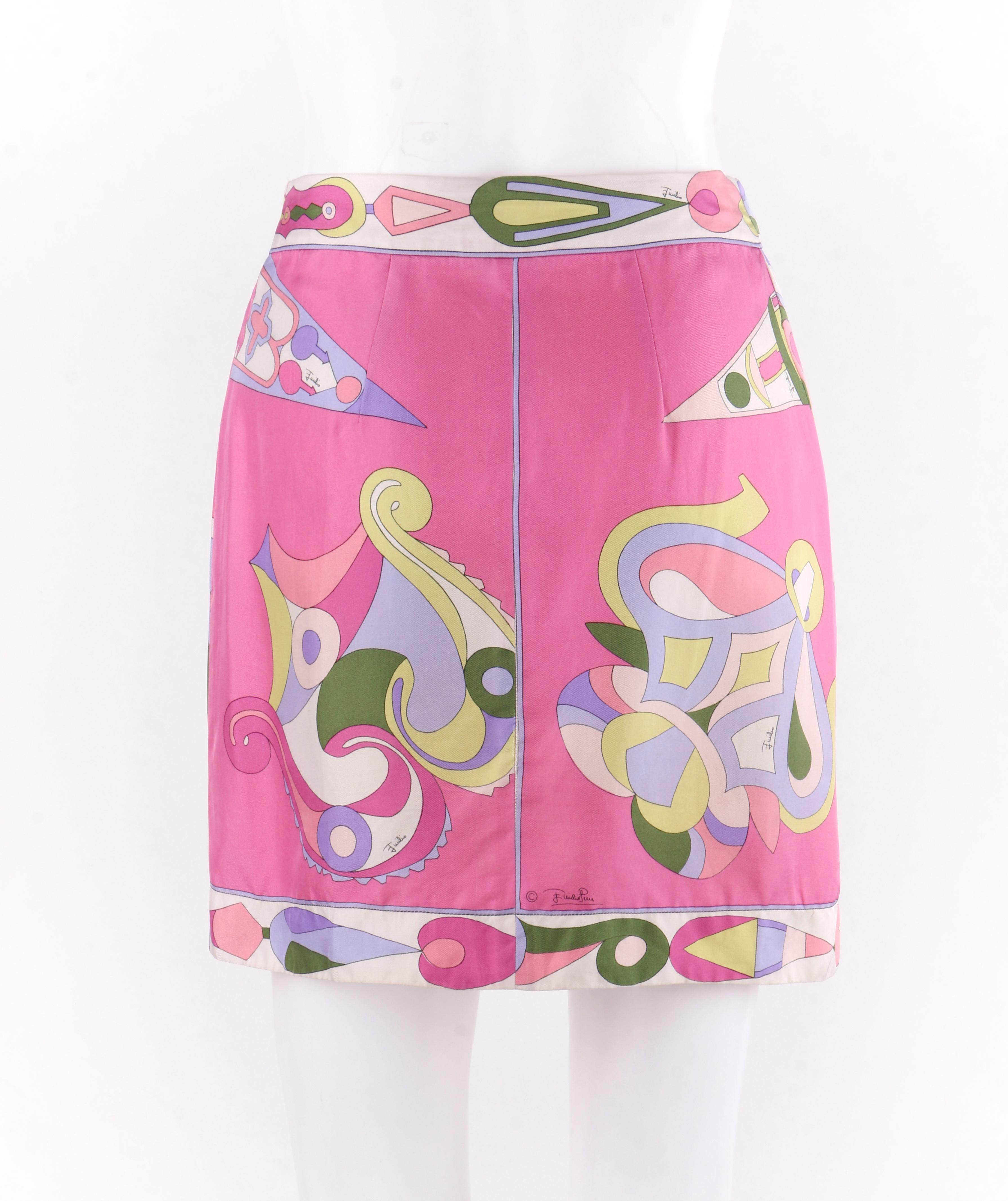 EMILIO PUCCI c.1970’s Pink Multi-color Signature Print Silk Wrap Skirt In Good Condition In Thiensville, WI
