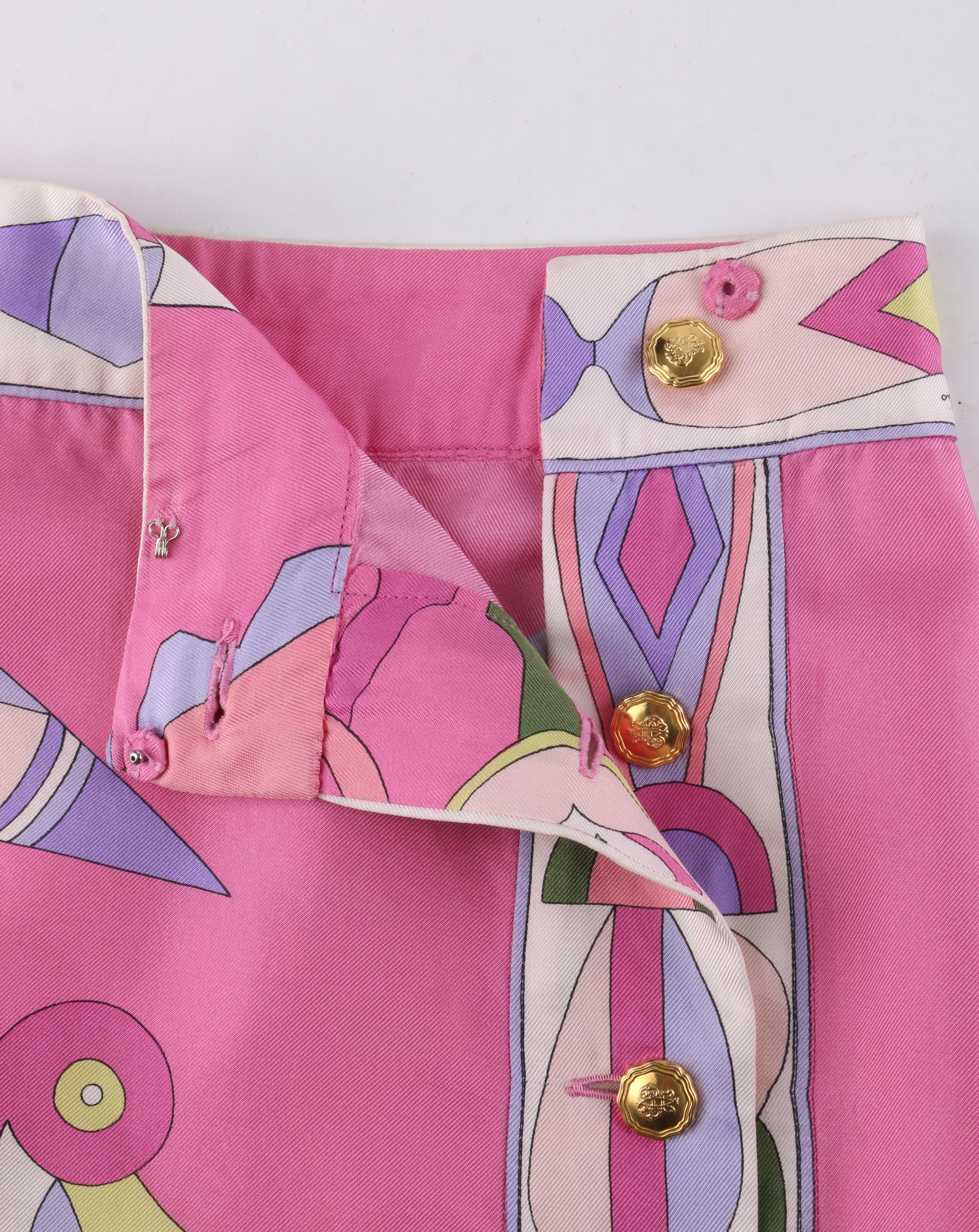 EMILIO PUCCI c.1970’s Pink Multi-color Signature Print Silk Wrap Skirt 1