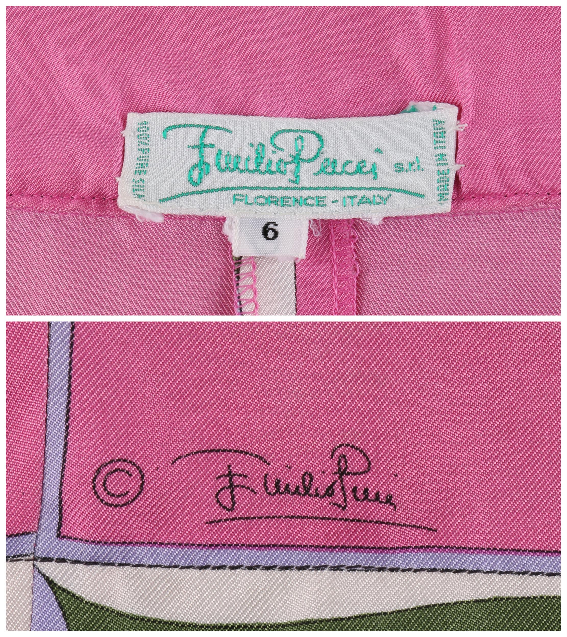 EMILIO PUCCI c.1970’s Pink Multi-color Signature Print Silk Wrap Skirt 2