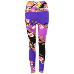 EMILIO PUCCI c.1970 Purple Multicolor Floral Signature Print Cropped Leggings