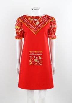 EMILIO PUCCI c.1970s Red Cotton Scarf & Pocket Accents A Line Knee Length Dress
