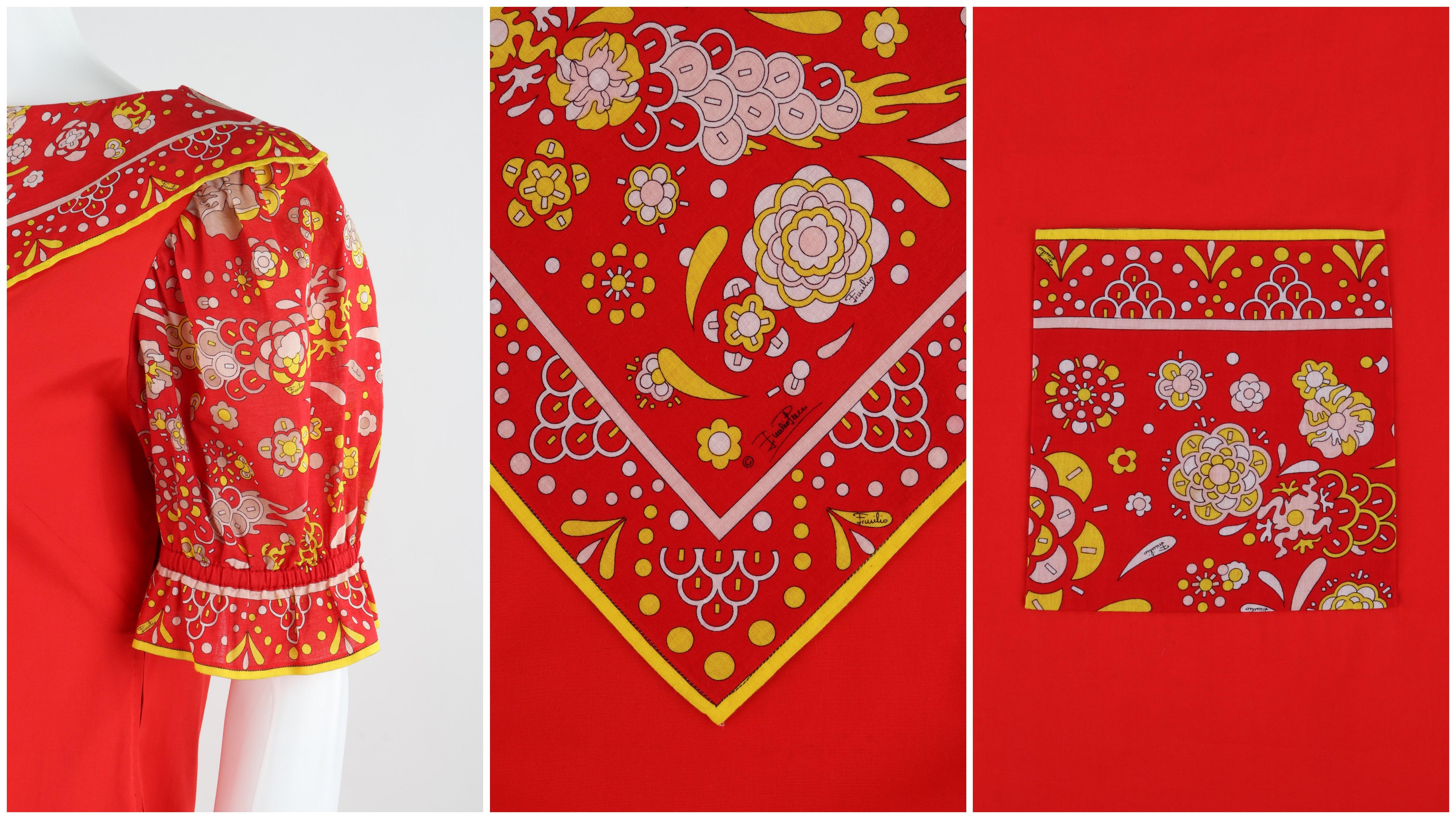 EMILIO PUCCI c.1970s Red Cotton Scarf & Pocket Accents A Line Knee Length Dress For Sale 4