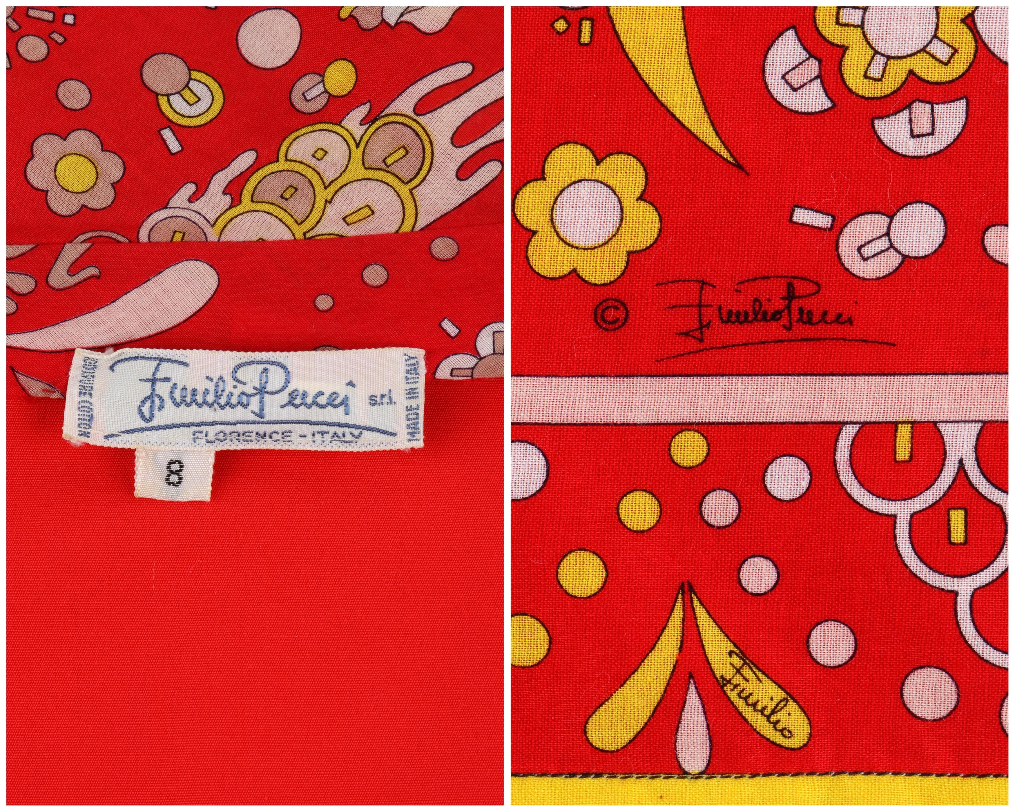 EMILIO PUCCI c.1970s Red Cotton Scarf & Pocket Accents A Line Knee Length Dress For Sale 5