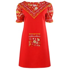 EMILIO PUCCI c.1970s Red Cotton Scarf & Pocket Accents A Line Knee Length Dress