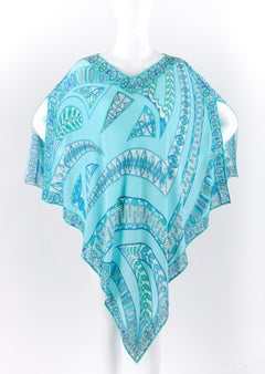EMILIO PUCCI c1970s Signature Print Silk Chiffon Beach Cover Poncho Scarf Blouse
