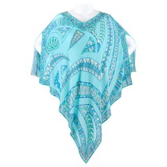 EMILIO PUCCI c1970s Firma Estampado Seda Gasa Cubierta Playa Poncho Bufanda Blusa