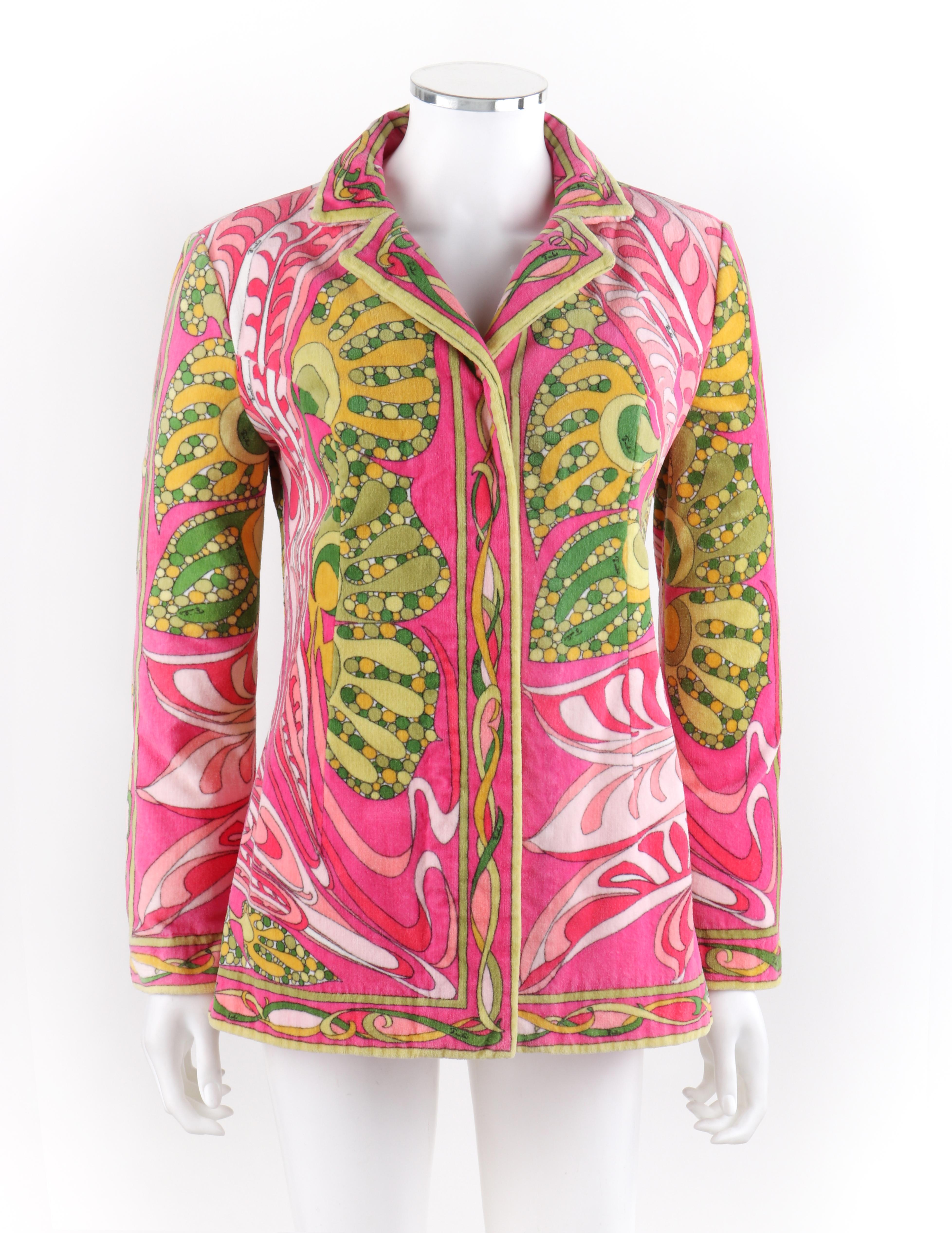 EMILIO PUCCI c.1970s Signature Tropical Op Art Terrycloth Beach Cover Top
 
Circa: 1970’s
Label(s): Emilio Pucci, Exclusively for Saks Fifth Avenue
Designer: Emilio Pucci
Style: Blazer
Color(s): Shades of pink, green, yellow, and white (exterior,