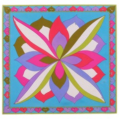 EMILIO PUCCI c.1970's Teal Blue Floral Signature Print Silk Scarf