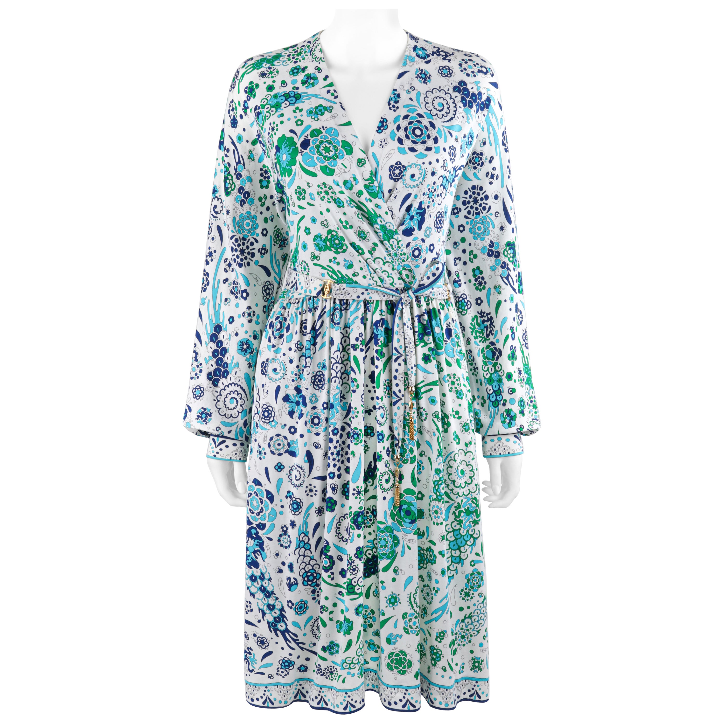 EMILIO PUCCI c.1970's Cinturón Emblemático Vestido Envolvente Floral en Dos Tonos Gradiente