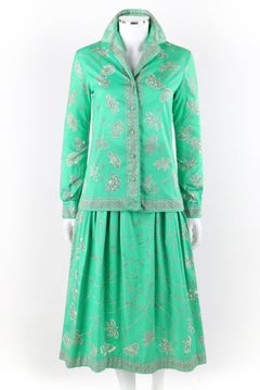 EMILIO PUCCI c.1976 "Chad" Print 2 Pc Green Cotton Shirt Skirt Dress Set